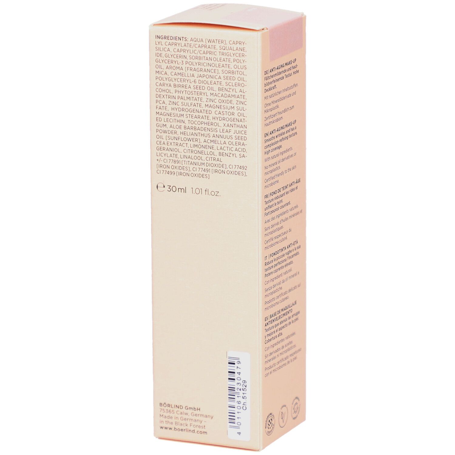 Boîte beige avec liste des ingrédients. Contient Aqua, Capryl, Silica, etc. Avec E30ml/1.01 fl.oz.