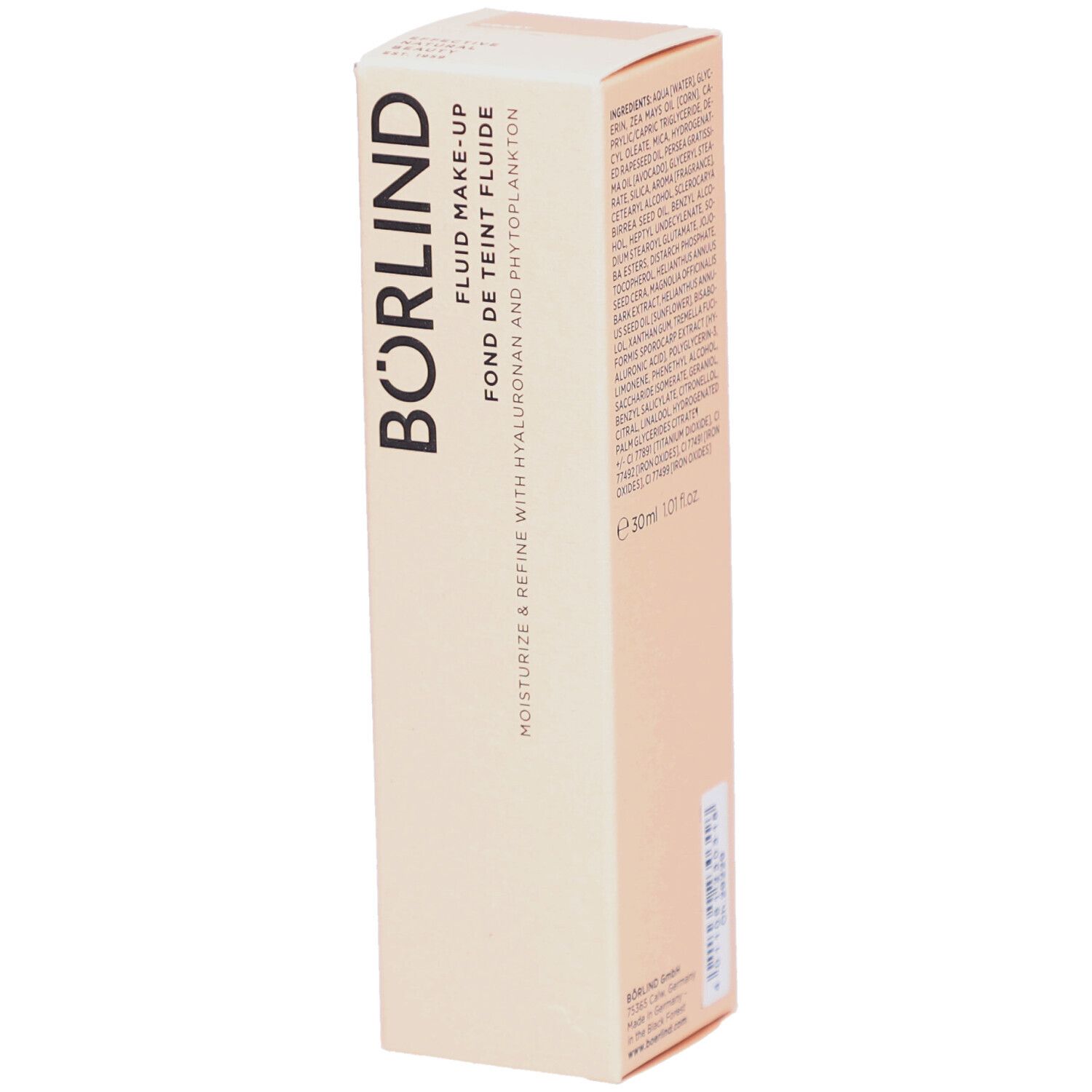 Börlind Fluid Make-up verpakking. Beige doos met productinfo en logo. 30ml.