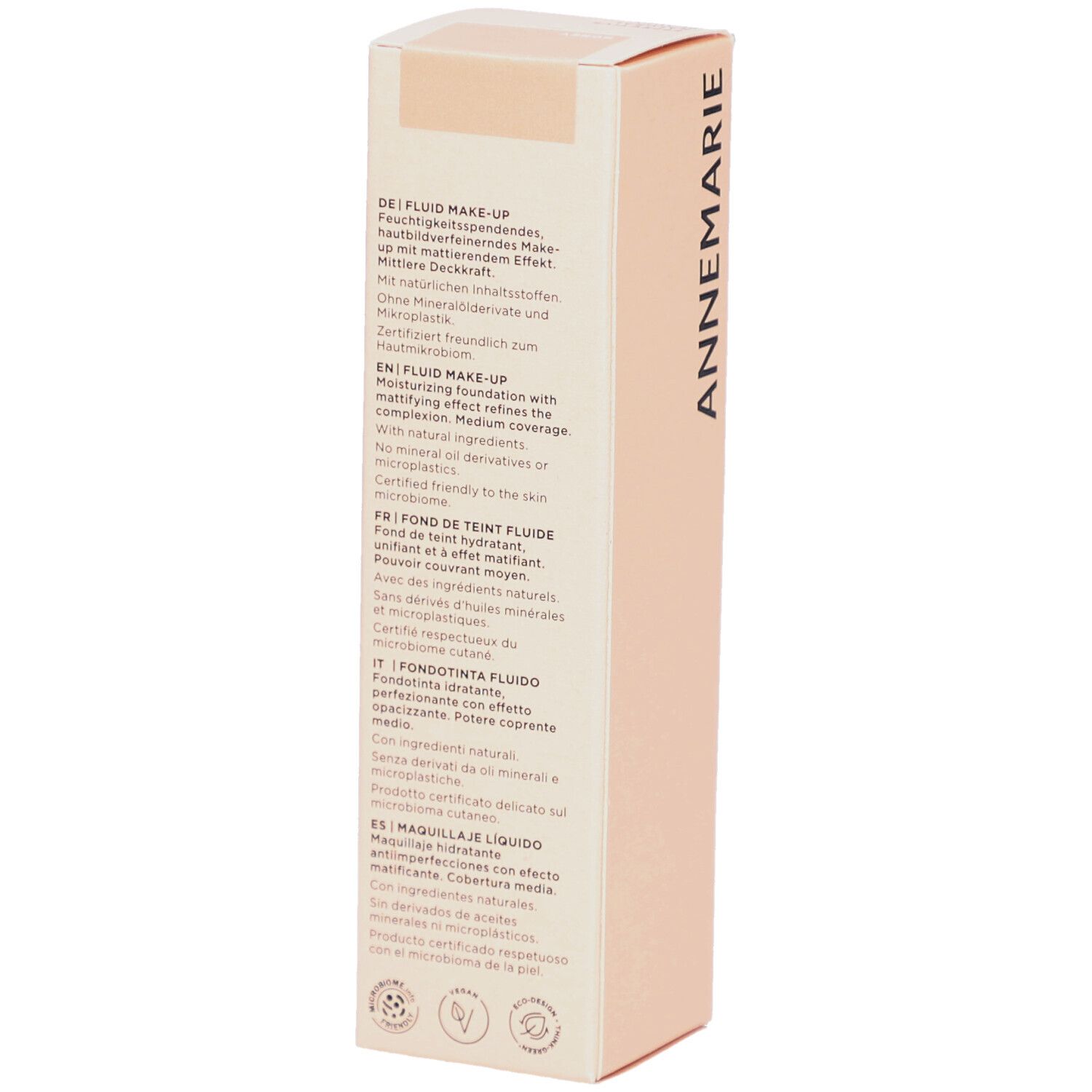 Achterkant van de Börlind Fluid Make-up verpakking. Meertalige productinfo, ingrediënten en certificeringen.