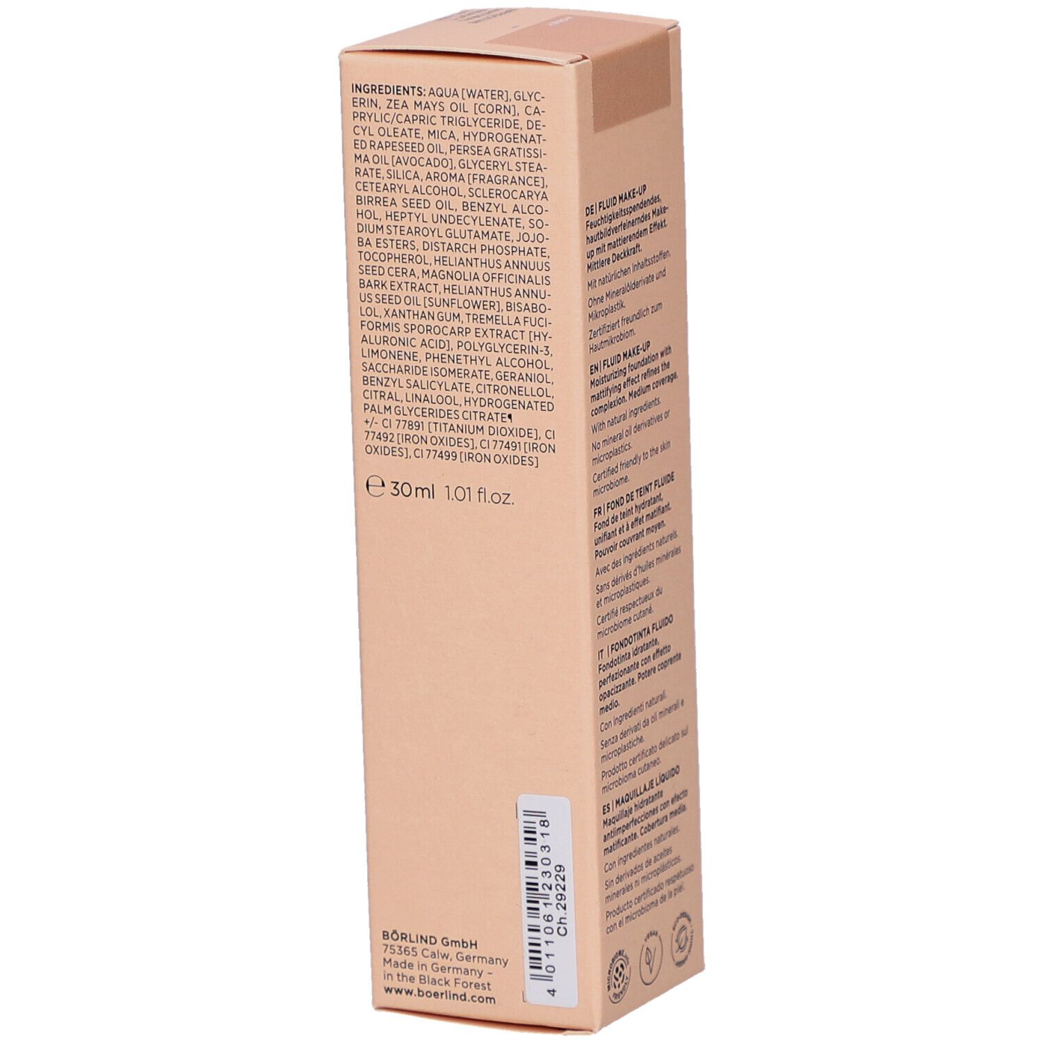 Zijkant van de Börlind Fluid Make-up verpakking. Lijst van ingrediënten en productinformatie.