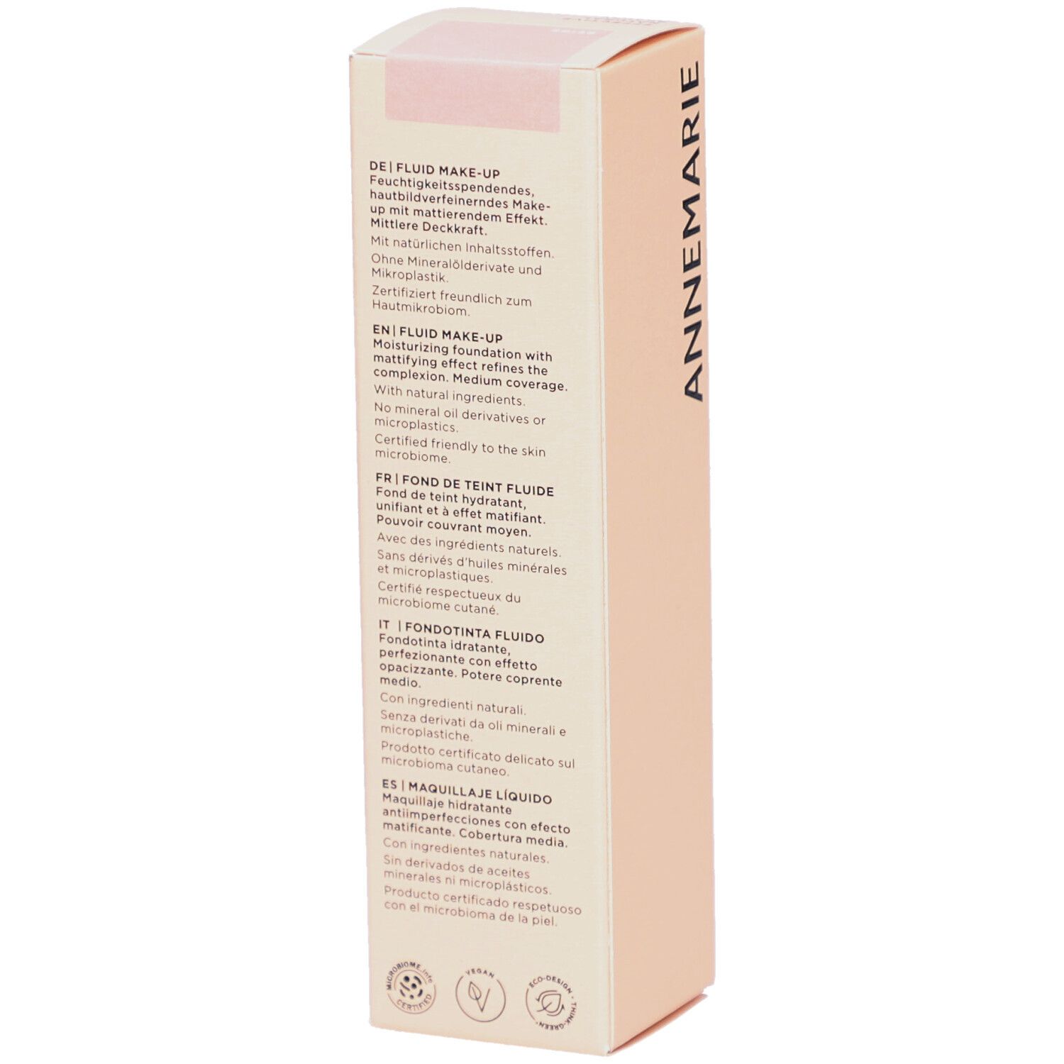 Dos de l'emballage du fond de teint fluide BÖRLIND. Texte en allemand, anglais, français et italien. Ingrédients et certifications.