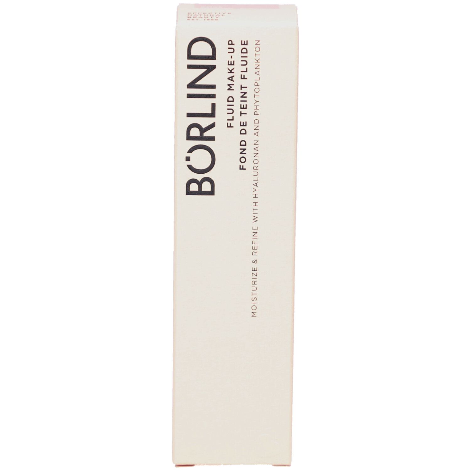 Emballage de fond de teint fluide BÖRLIND. Teinte beige. Boîte blanche avec nom du produit et ingrédients. 30ml.
