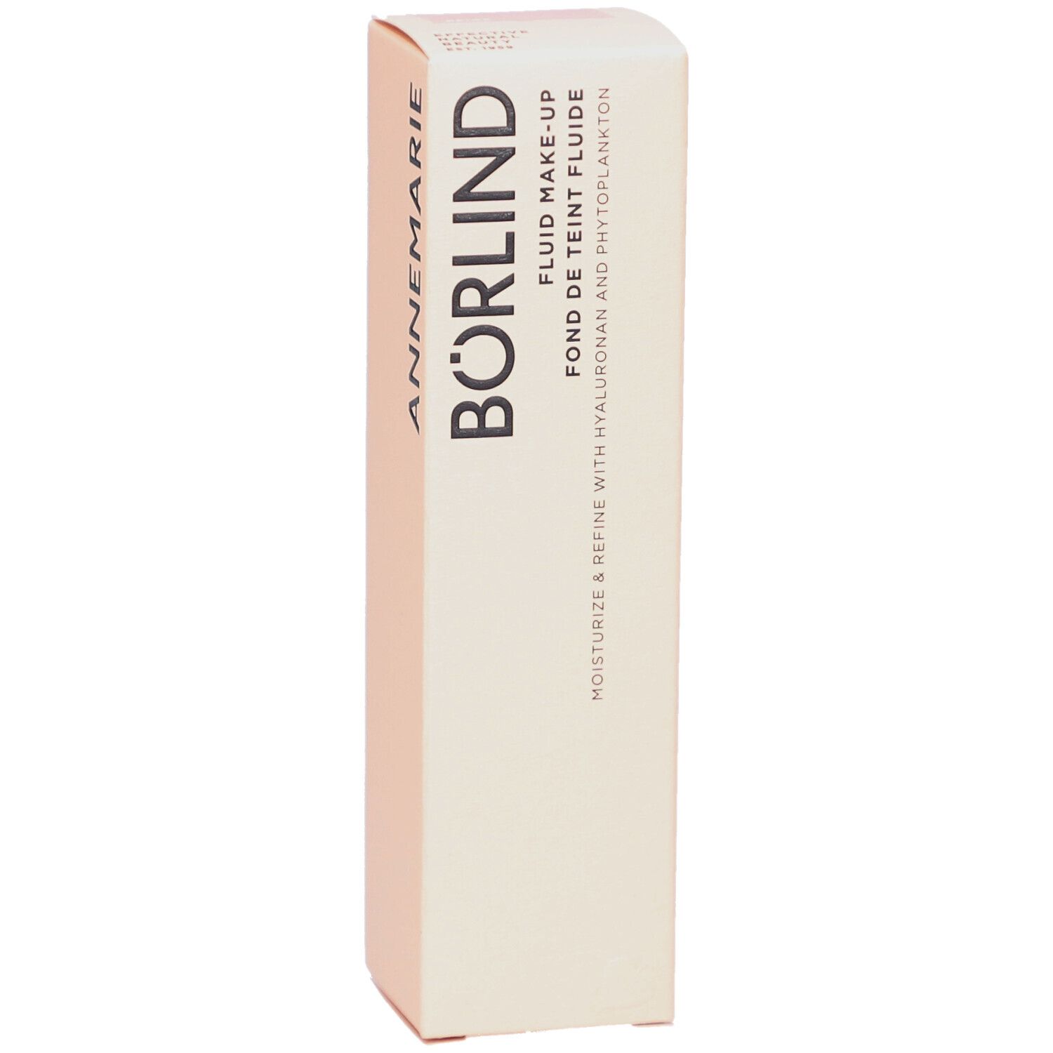 Emballage de fond de teint fluide BÖRLIND. Teinte beige. Boîte blanche avec nom du produit et ingrédients. 30ml.