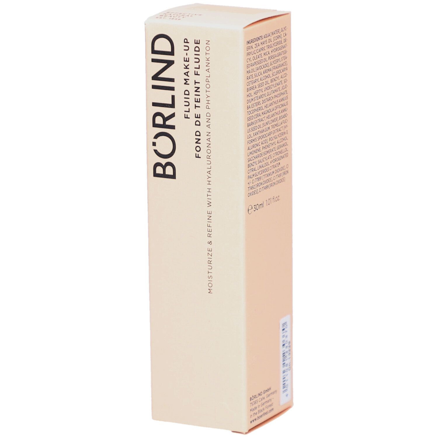 Boîte en carton beige. Inscription: BÖRLIND, FLUID MAKE-UP, FOND DE TEINT FLUIDE. Contient de l'acide hyaluronique et du phytoplancton. 30ml.