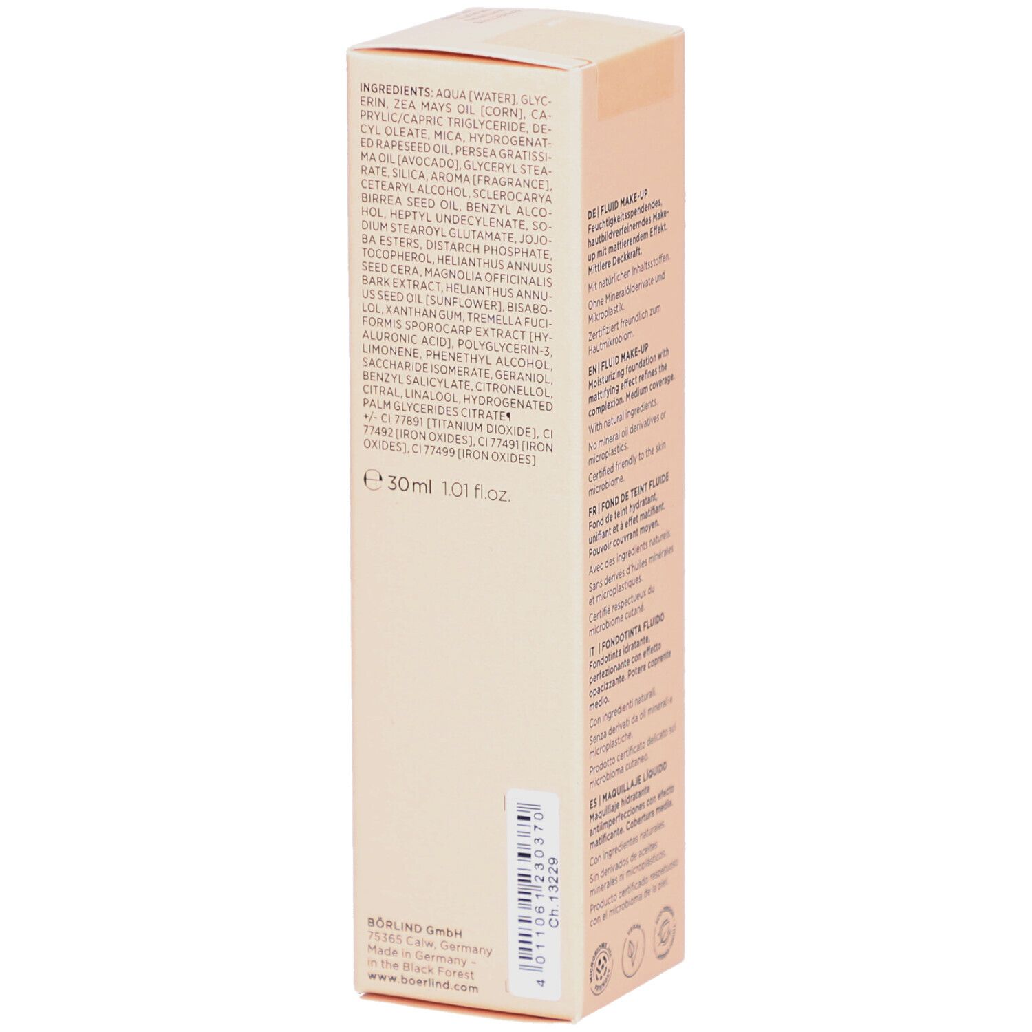 Boîte en carton beige. Liste des ingrédients. Volume : 30 ml. Informations sur le fabricant. Logos.