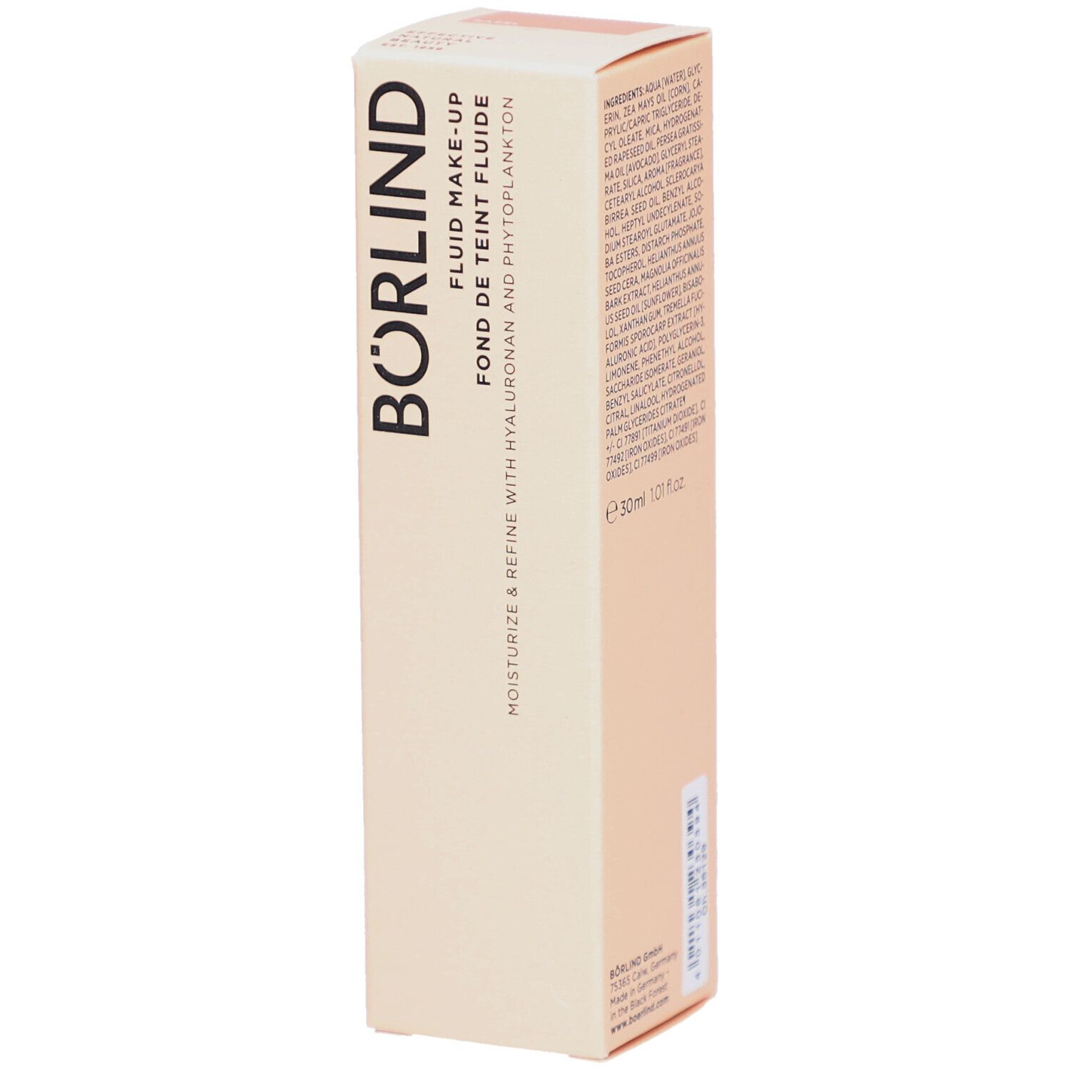 ANNEMARIE BÖRLIND Fond de teint fluide Hazel. Boîte beige et rose avec informations et logo.