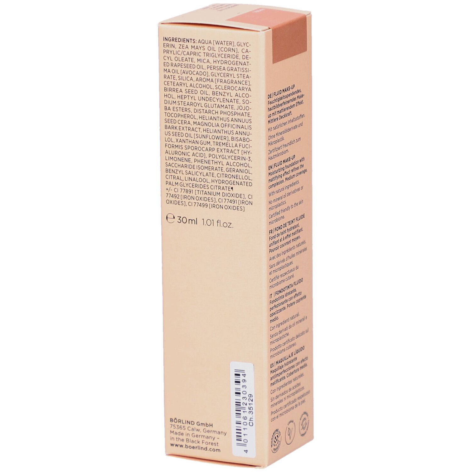 Côté de l'emballage ANNEMARIE BÖRLIND. Ingrédients et informations sur le produit.