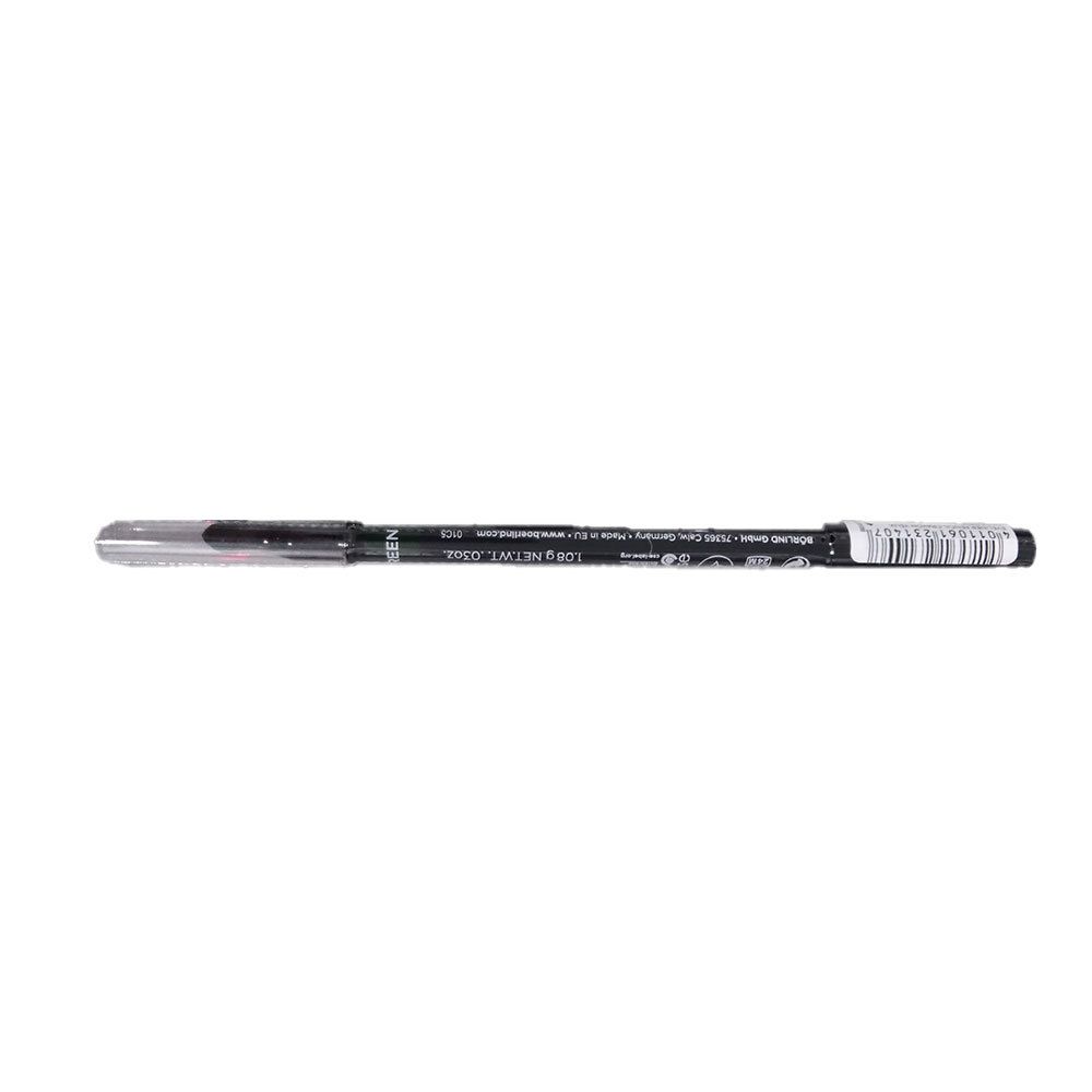 Crayon khôl vert foncé. Crayon noir avec capuchon argenté. Inscription: 1.0g NET WT. 0302. Code-barres.