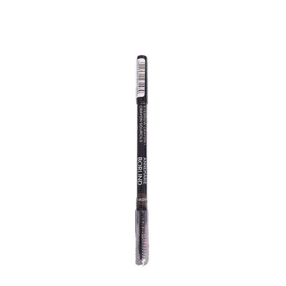 Crayon à sourcils avec brosse. Le crayon est brun foncé et imprimé d'informations sur le produit. Inscription: ANNEMARIE BÖRLIND, CRAYON SOURCILS.