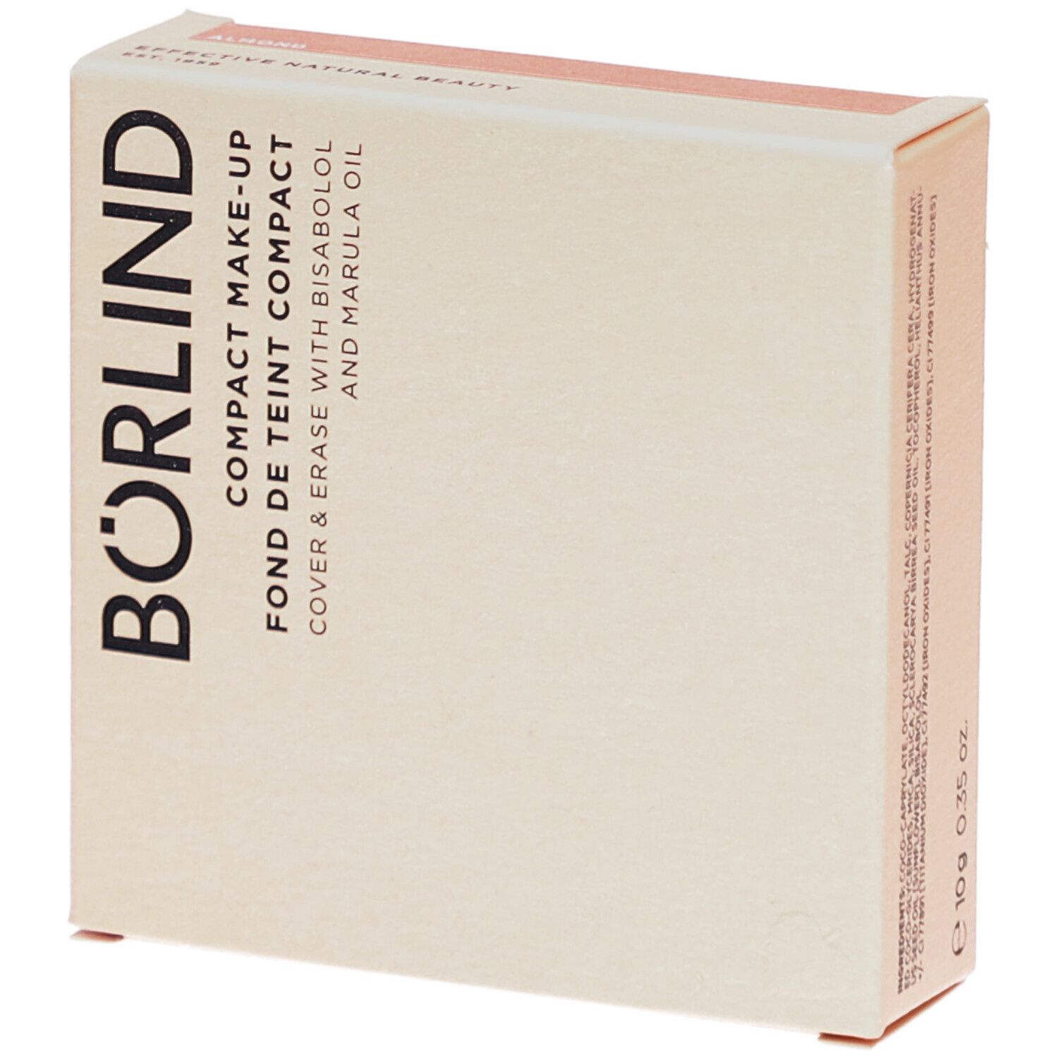Emballage de maquillage compact. Boîte beige-rosé avec informations produit et nom de marque BÖRLIND.
