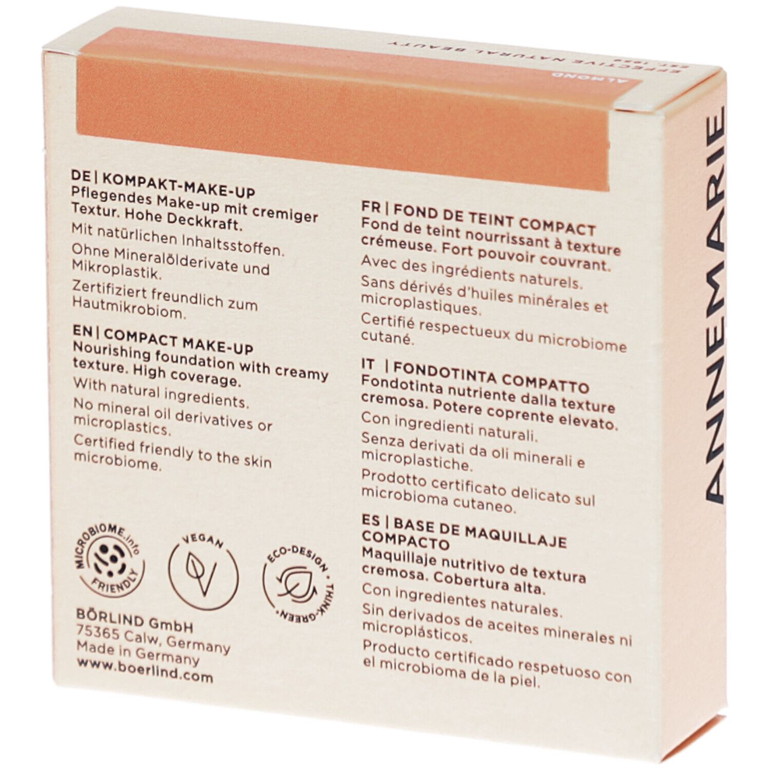 Dos de l'emballage de maquillage compact. Texte en allemand, anglais, français, italien et espagnol.
