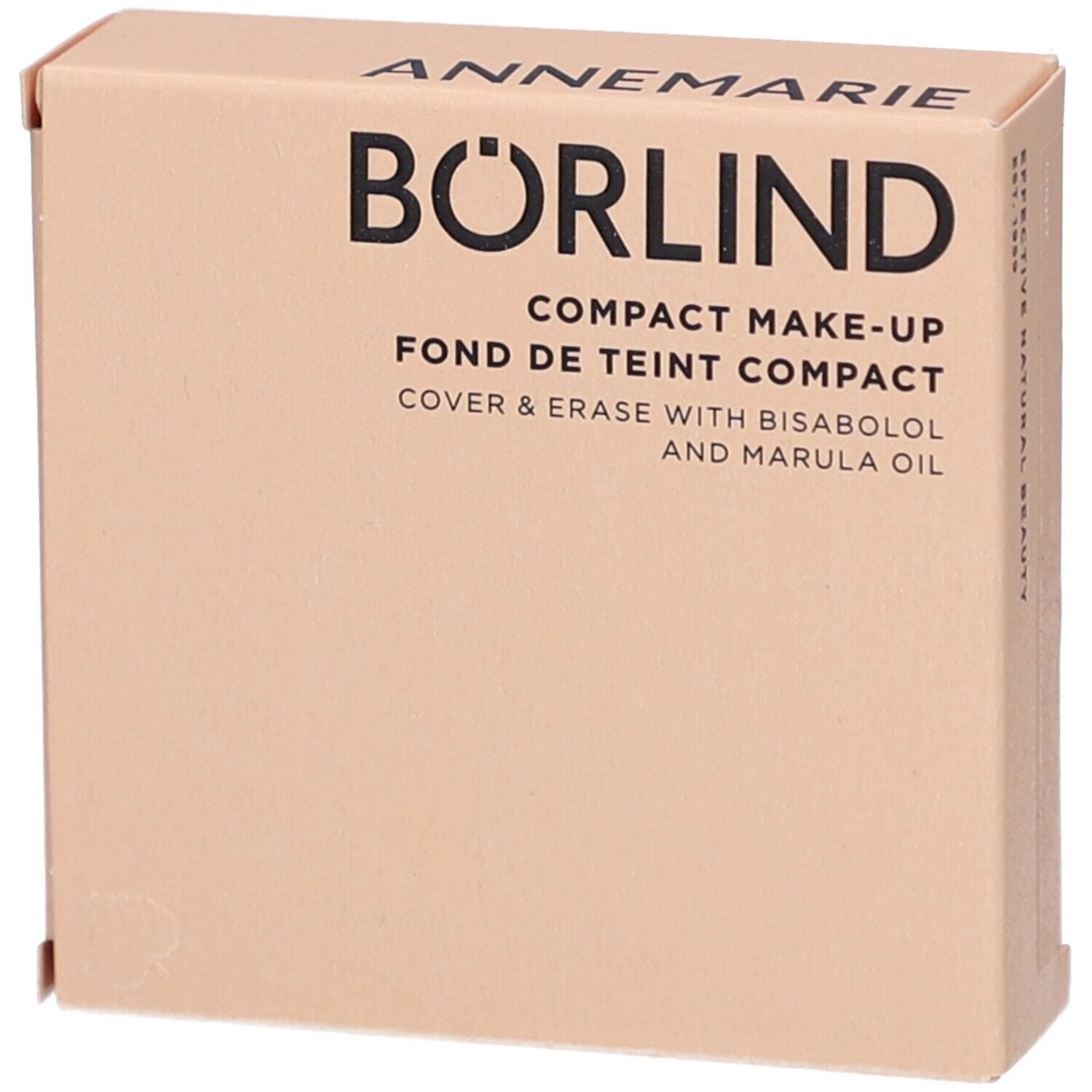 Compacte make-up verpakking. Merk: Annemarie Börlind. Tekst: Compact Make-up, Cover & Erase. Beige karton.