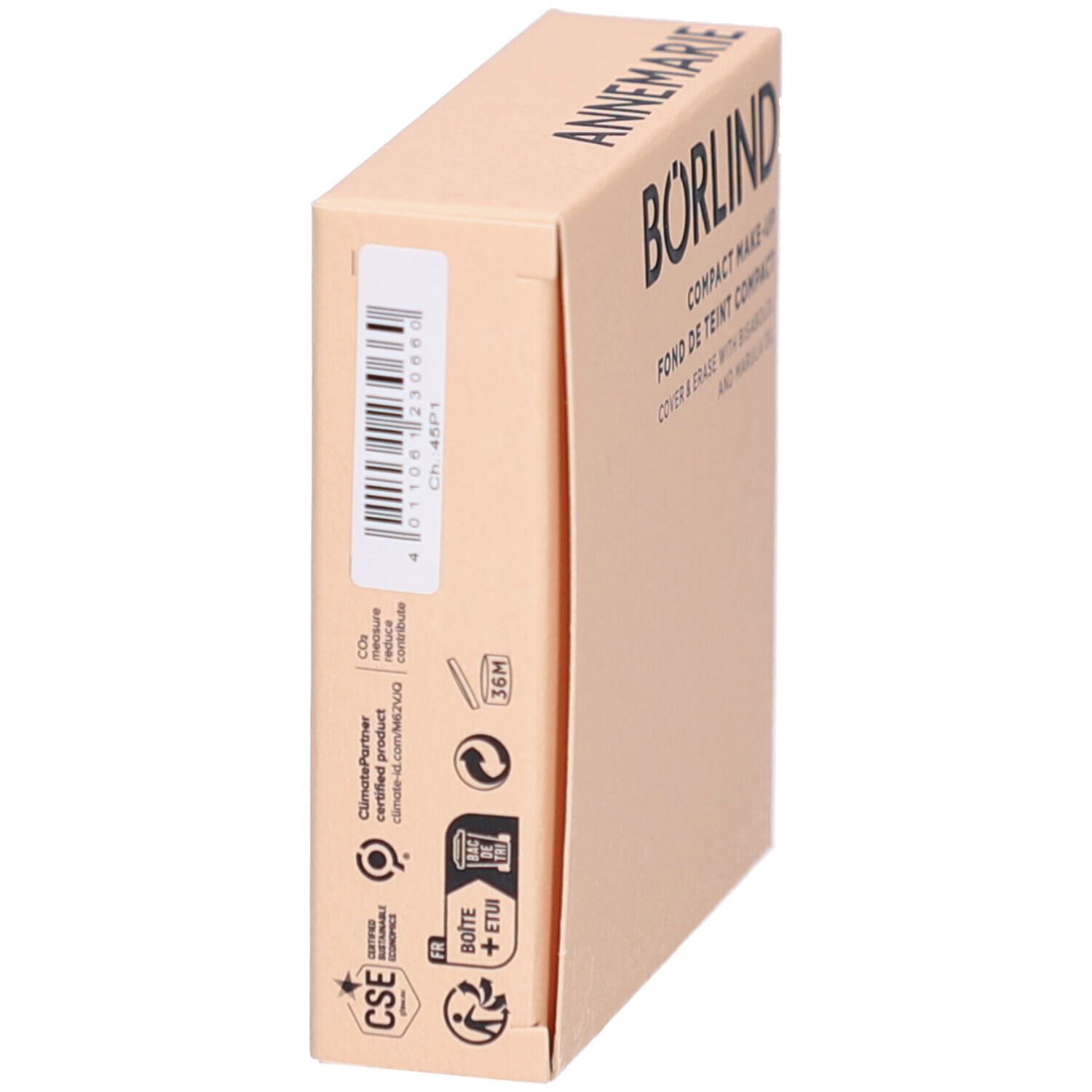 Compacte make-up verpakking. Merk: Annemarie Börlind. Barcode en logo's. Beige karton.
