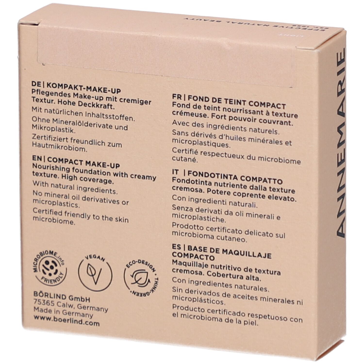 Compacte make-up verpakking. Merk: Annemarie Börlind. Tekst in het Duits, Frans, Italiaans, Spaans. Beige karton.