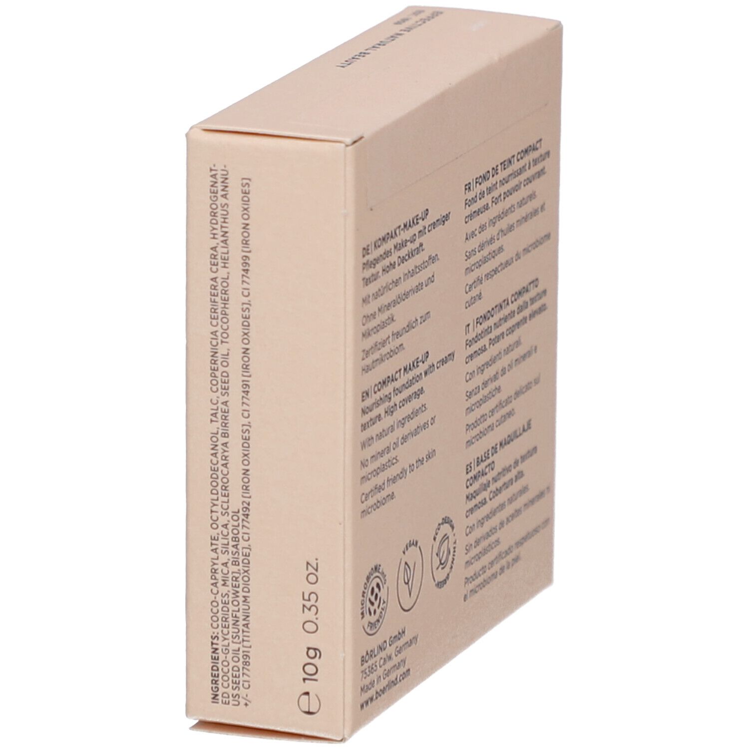 Compacte make-up verpakking. Merk: Annemarie Börlind. Ingrediënten, 10g, logo's. Beige karton.