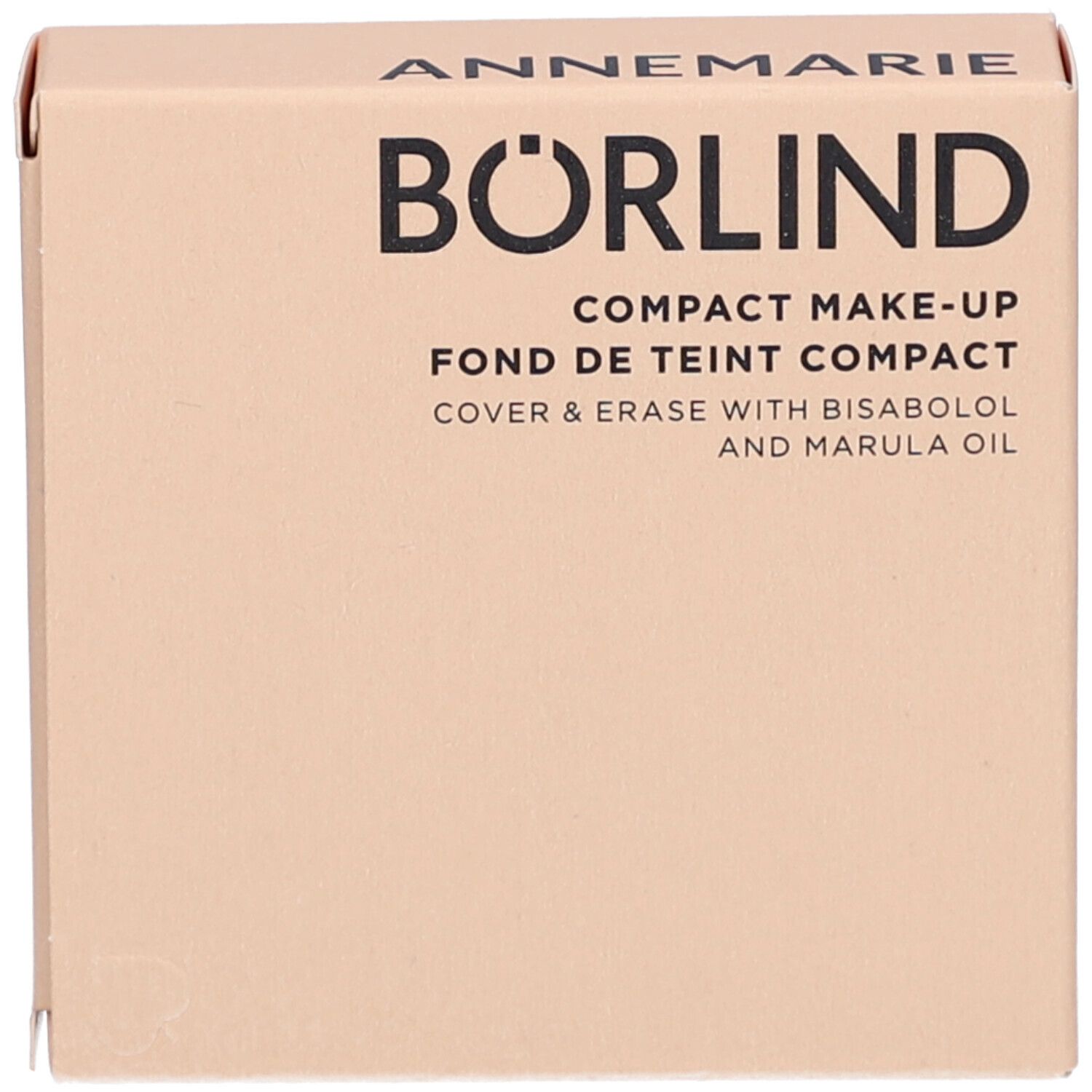 Compacte make-up verpakking. Merk: Annemarie Börlind. Tekst: Compact Make-up, Cover & Erase. Beige karton.