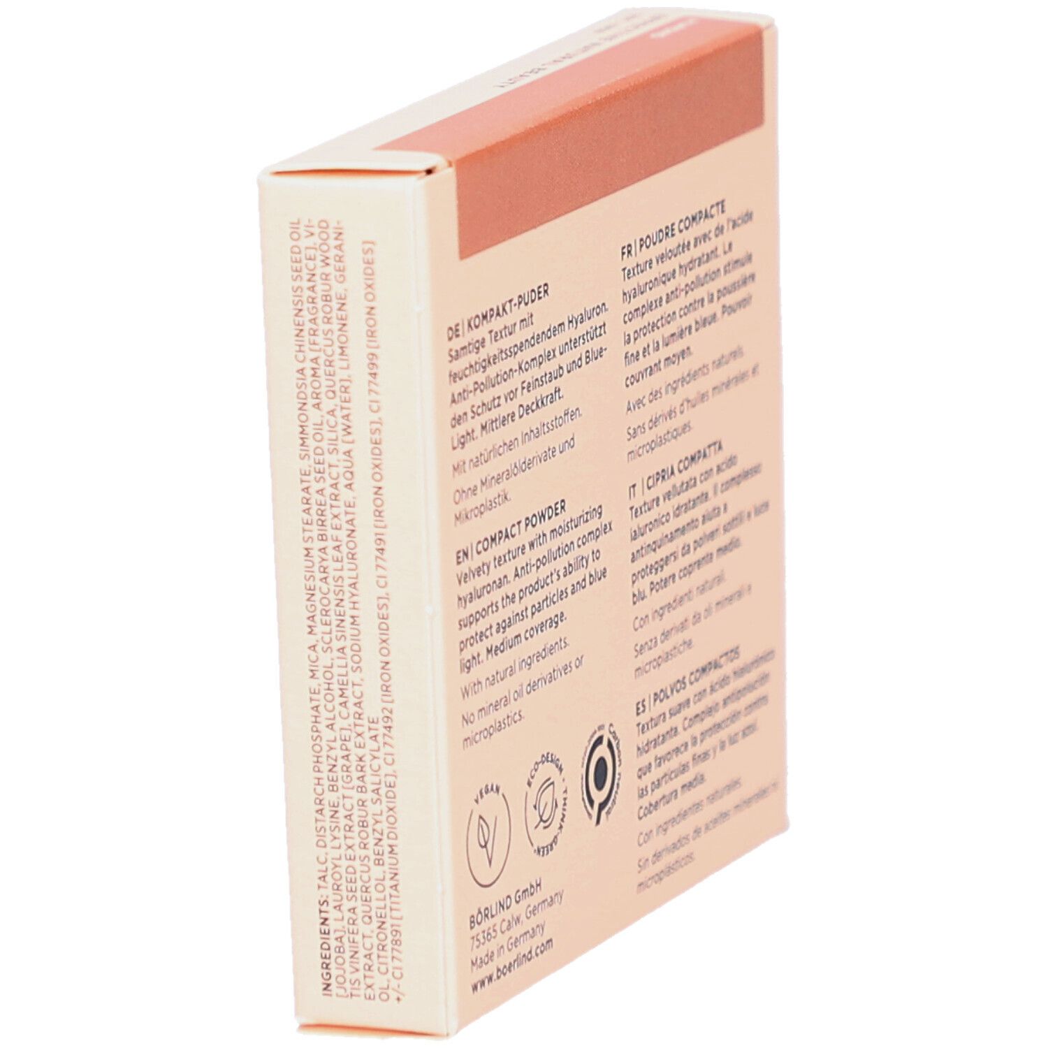 Dos de la boîte de poudre compacte. Ingrédients et texte en allemand, français, italien et espagnol.
