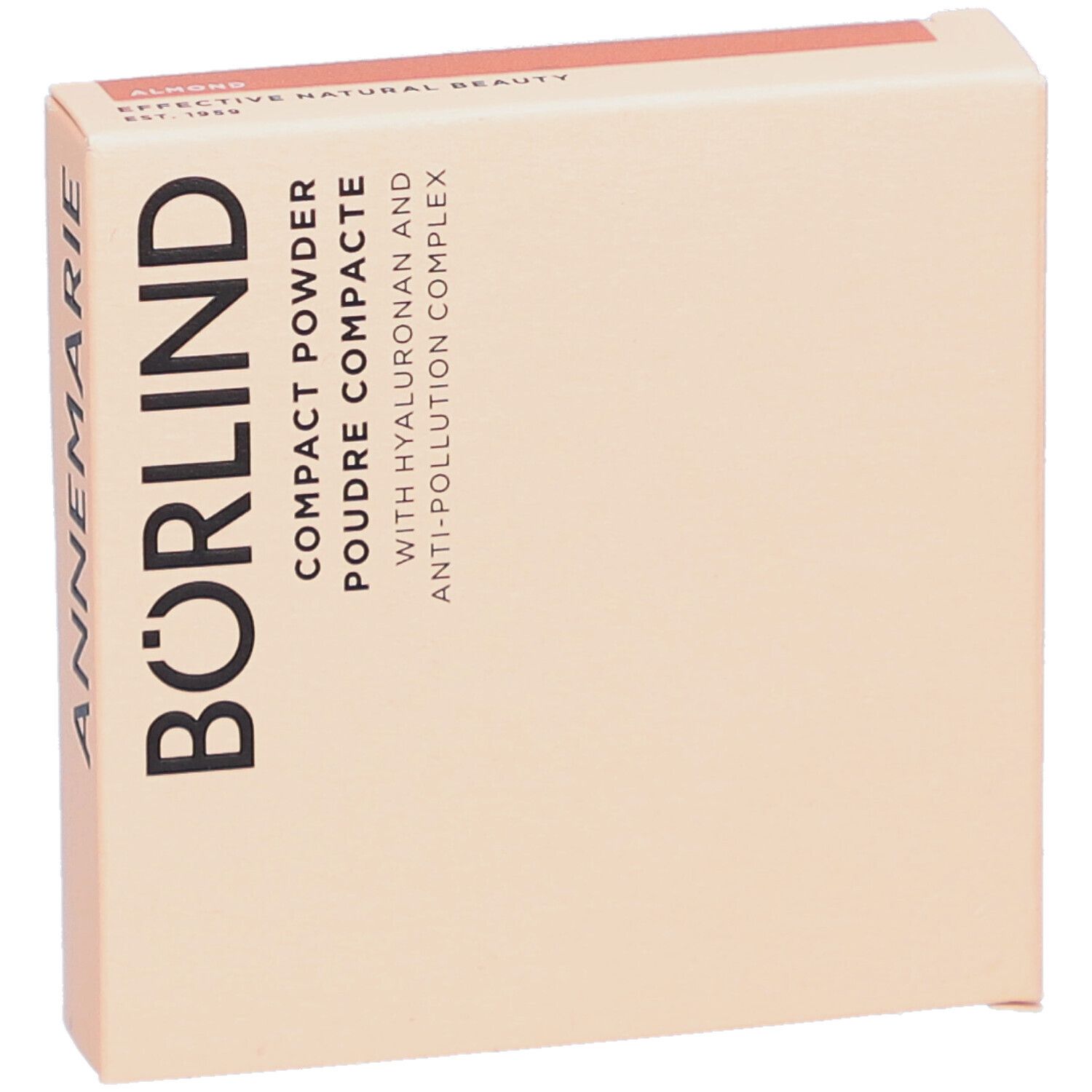Boîte de poudre compacte. Carton beige avec informations produit. Inscription noire ANNEMARIE BÖRLIND.