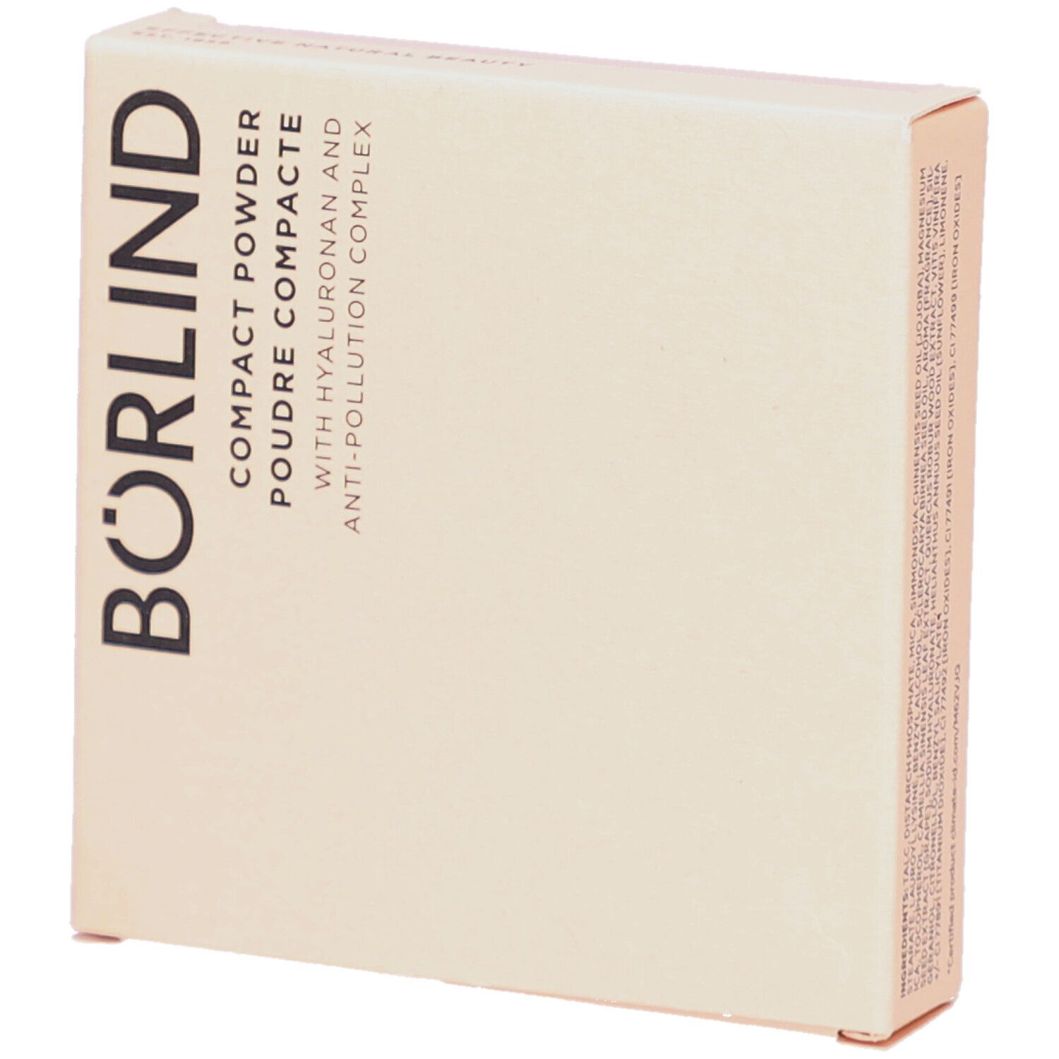 Boîte de poudre compacte. Carton beige avec le texte BÖRLIND. Texte: Compact Powder, Poudre Compacte, avec Hyaluron et Anti-Pollution Complex.