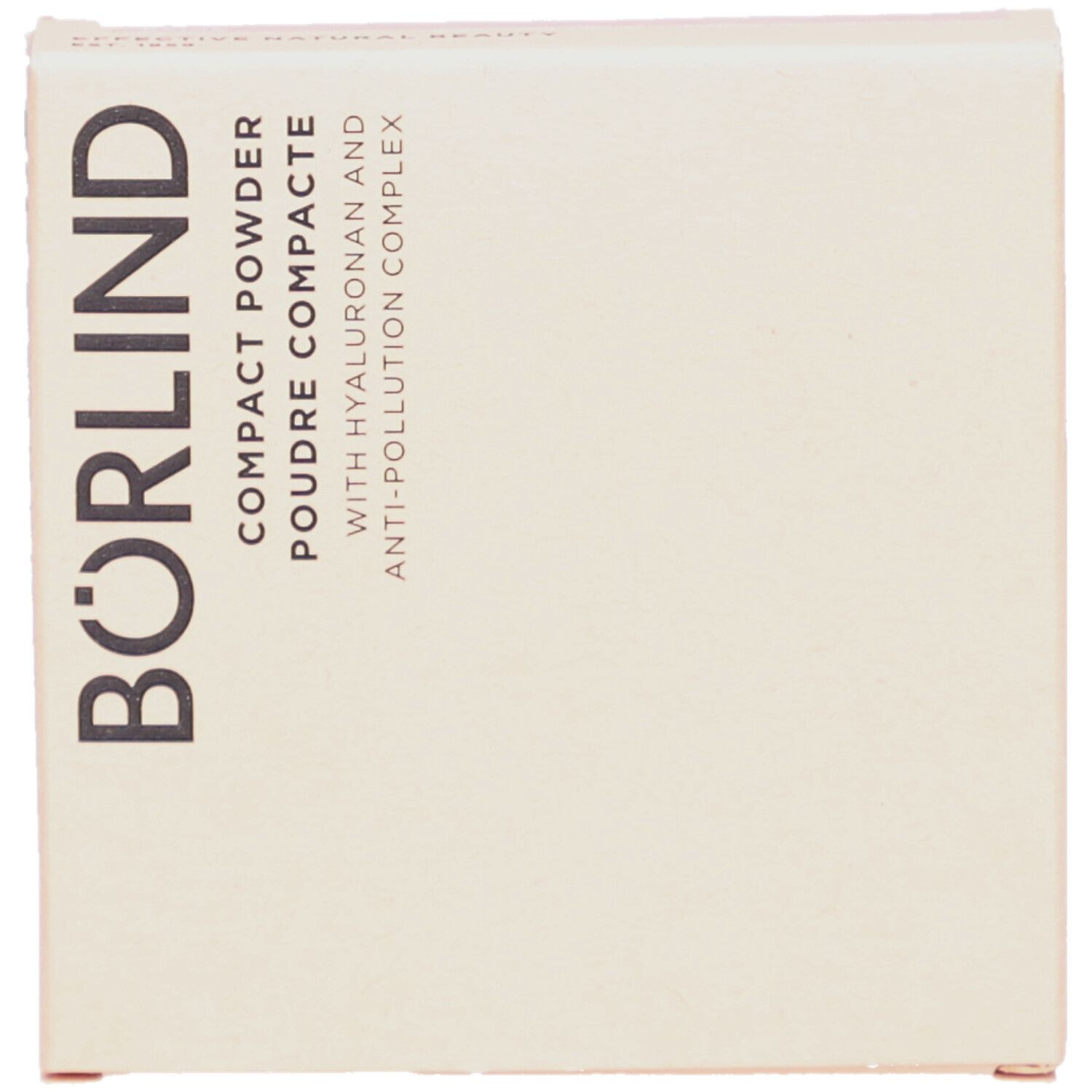 Boîte de poudre compacte. Carton beige avec le texte BÖRLIND. Texte: Compact Powder, Poudre Compacte, avec Hyaluron et Anti-Pollution Complex.