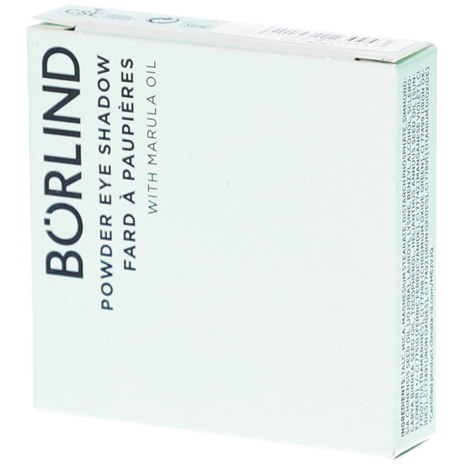 BÖRLIND oogschaduwverpakking. Witte doos met productnaam en marula-olie. Vierkante vorm.