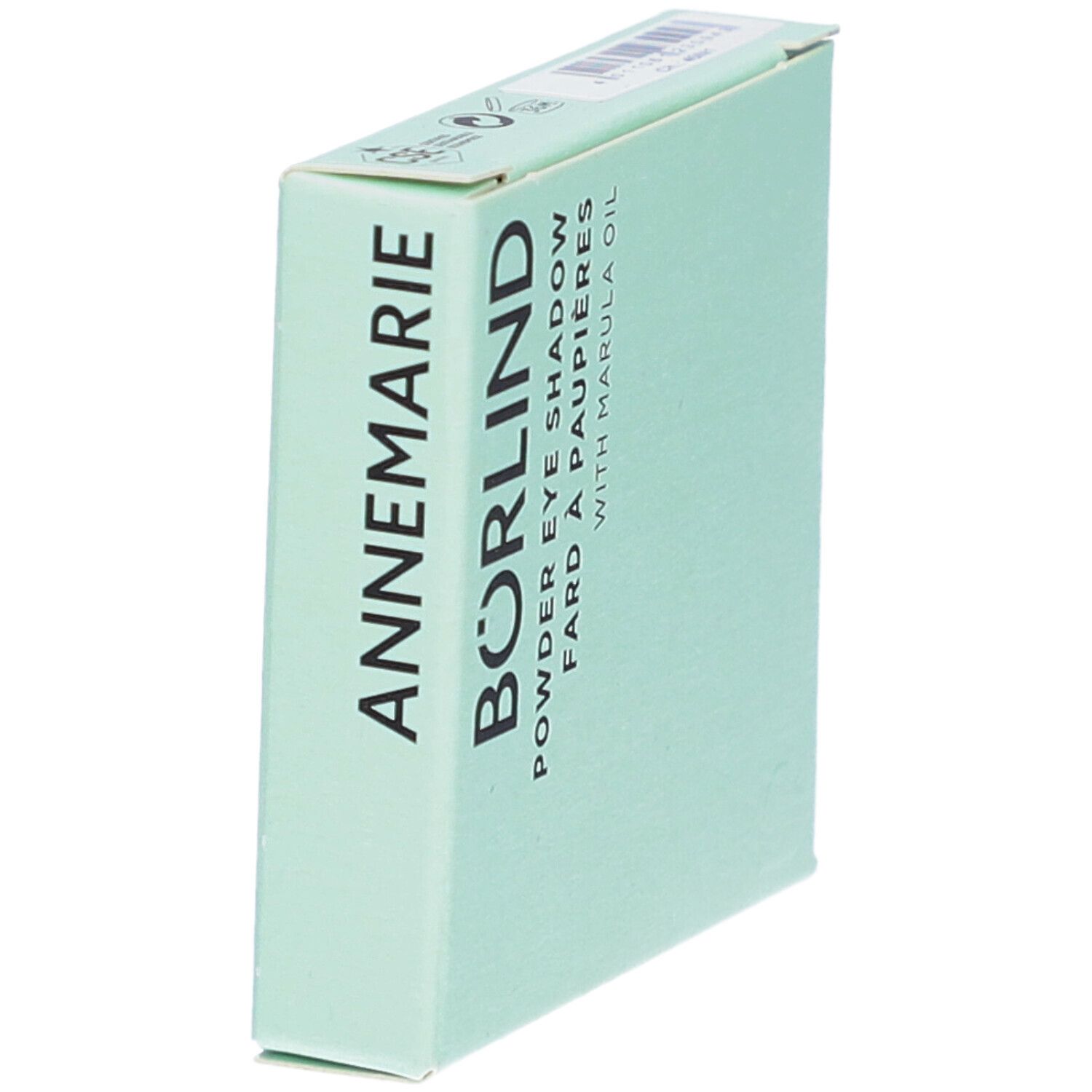 BÖRLIND oogschaduwverpakking. Wit-groene doos met productnaam. Vierkante vorm, schuin.