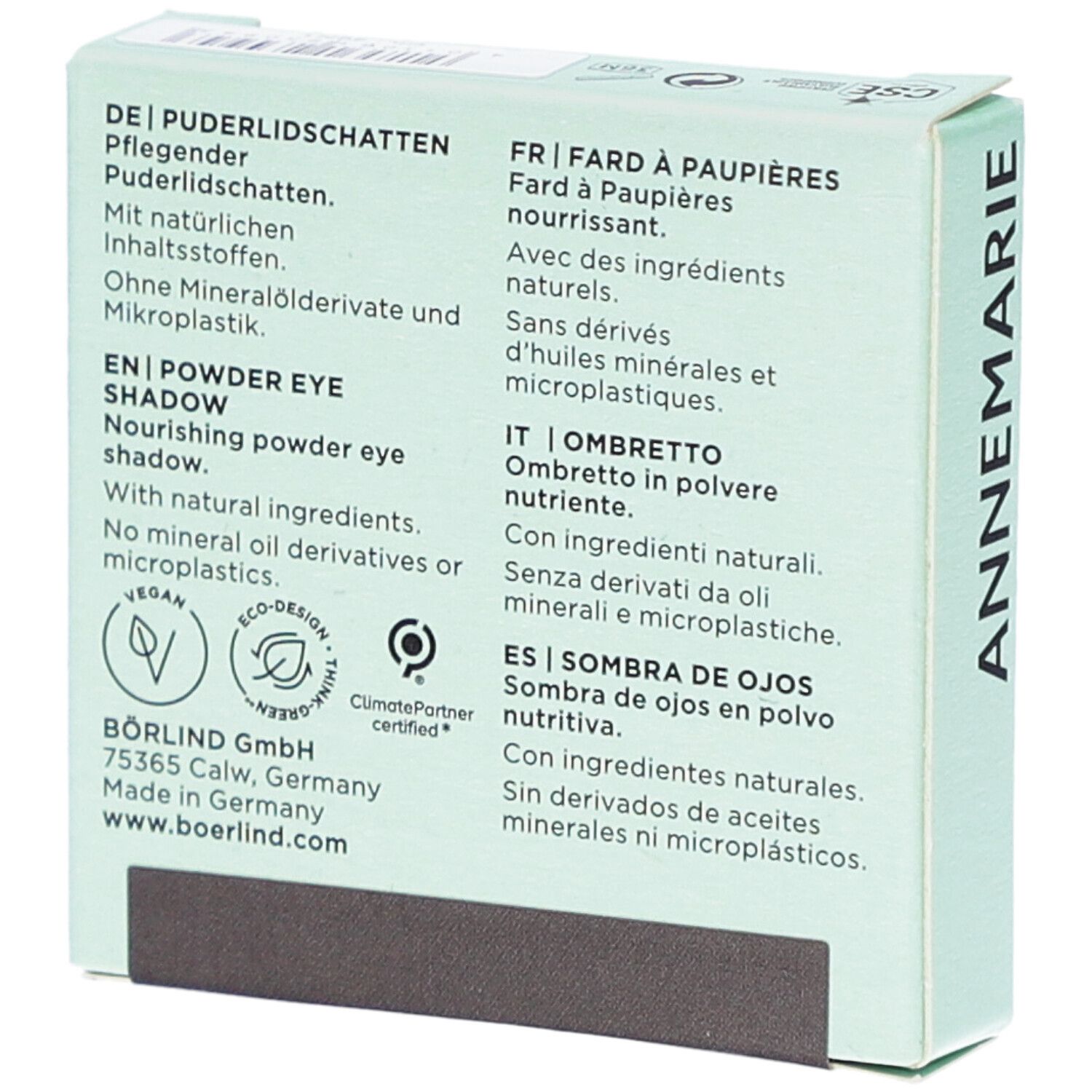 Achterkant van de BÖRLIND oogschaduwverpakking. Tekst in het Duits, Engels, Frans, Italiaans en Spaans. Veganistisch zegel.