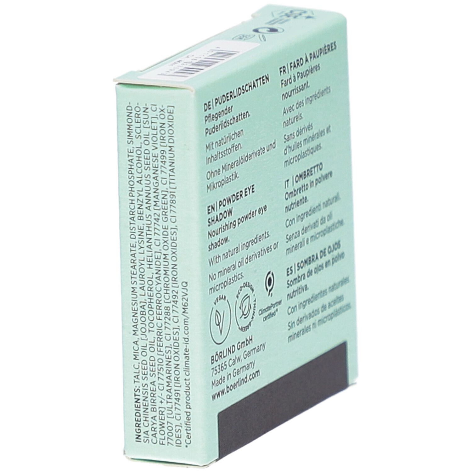 BÖRLIND oogschaduwverpakking. Achterkant met ingrediënten en certificeringen. Vierkante vorm, schuin.
