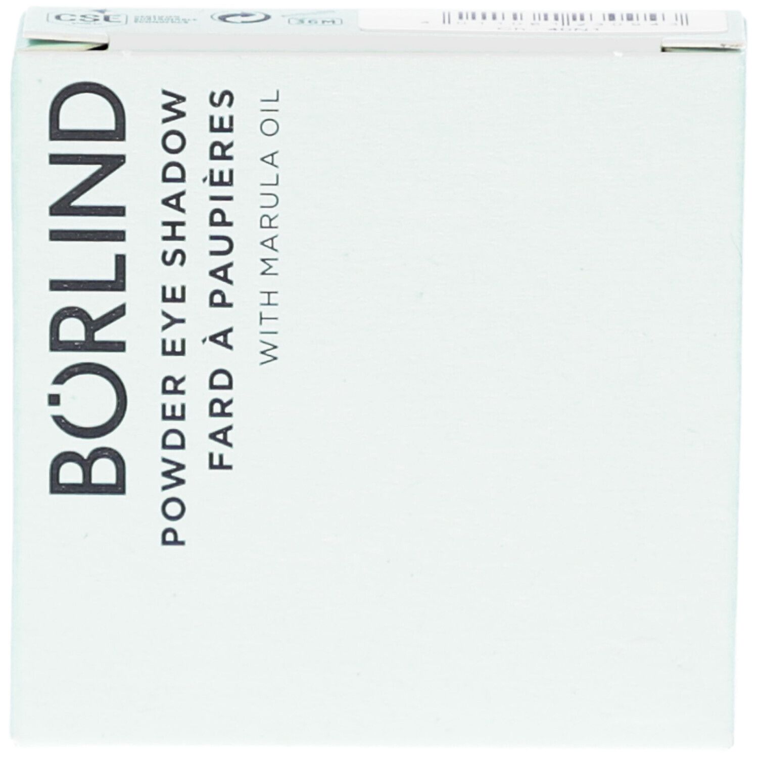 BÖRLIND oogschaduwverpakking. Witte doos met productnaam en marula-olie. Bovenaanzicht.