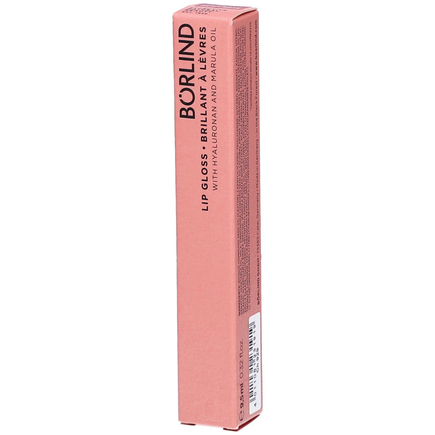Roze verpakking met BÖRLIND Lip Gloss. Bevat hyaluronzuur en marula-olie. 9,5 ml.