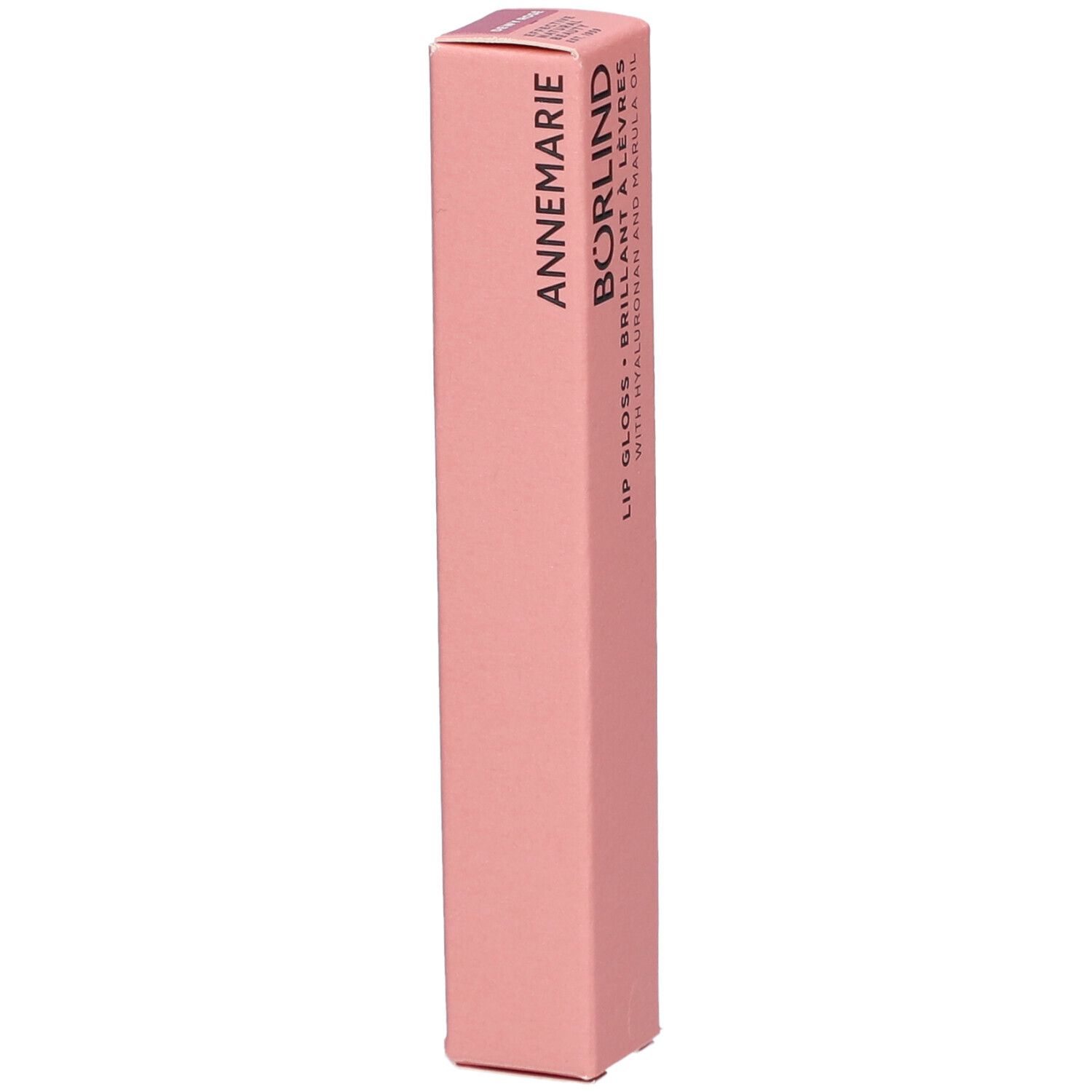 Roze verpakking met ANNEMARIE BÖRLIND Lip Gloss. Bevat hyaluronzuur en marula-olie.