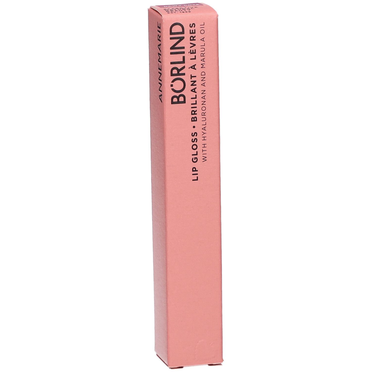 Roze verpakking met ANNEMARIE BÖRLIND Lip Gloss. Bevat hyaluronzuur en marula-olie.