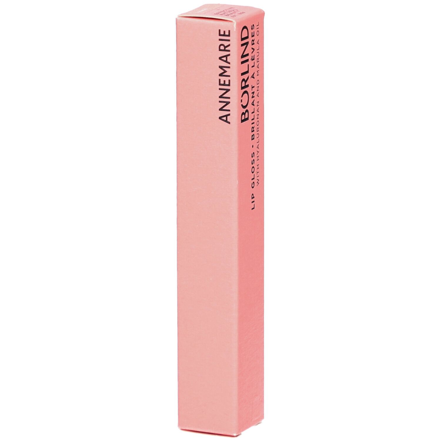 Emballage rose de Lipgloss ANNEMARIE BÖRLIND. Texte: LIP GLOSS, BRILLANT À LÈVRES, WITH HYALURONAN AND MARULA OIL.