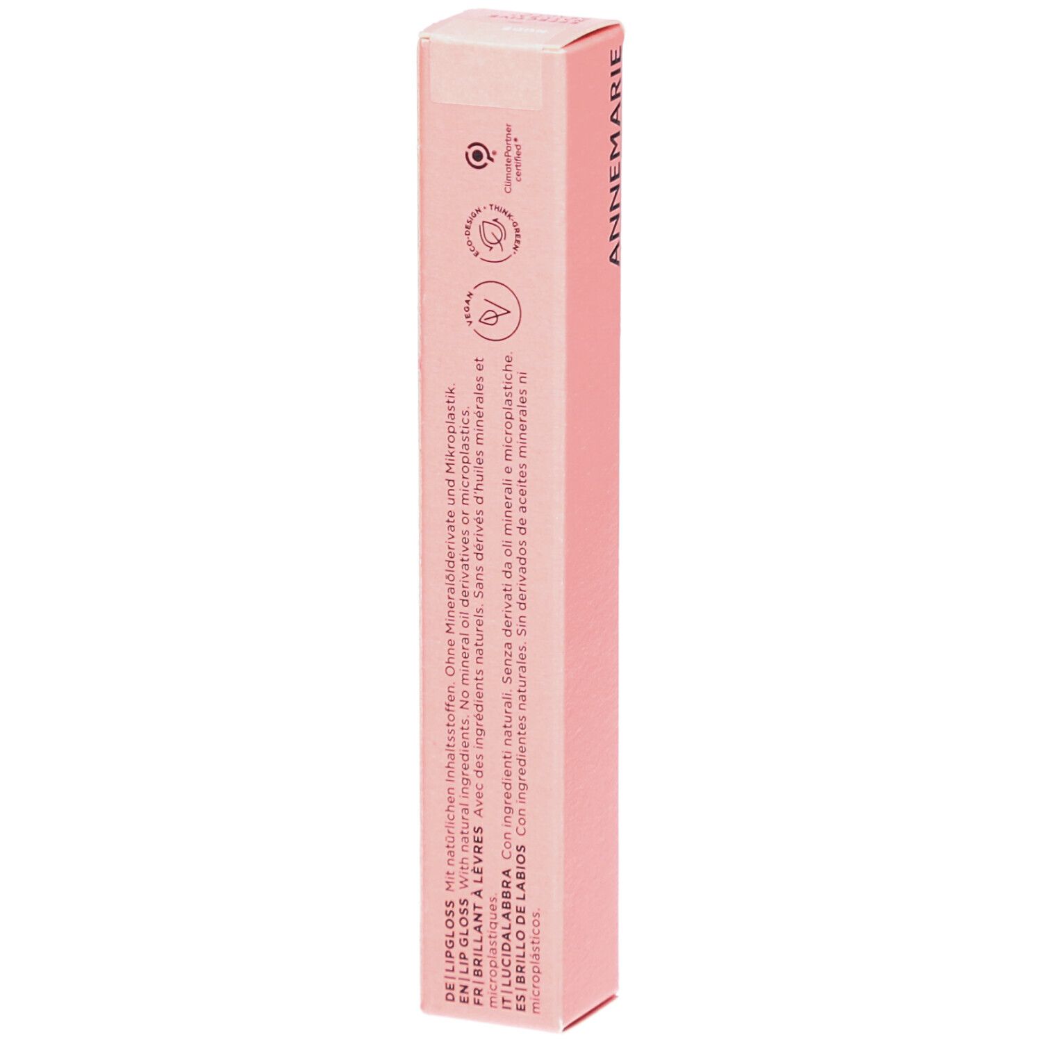 Emballage rose de Lipgloss ANNEMARIE BÖRLIND. Texte: Sans huile minérale, sans microplastique. Avec ingrédients naturels.
