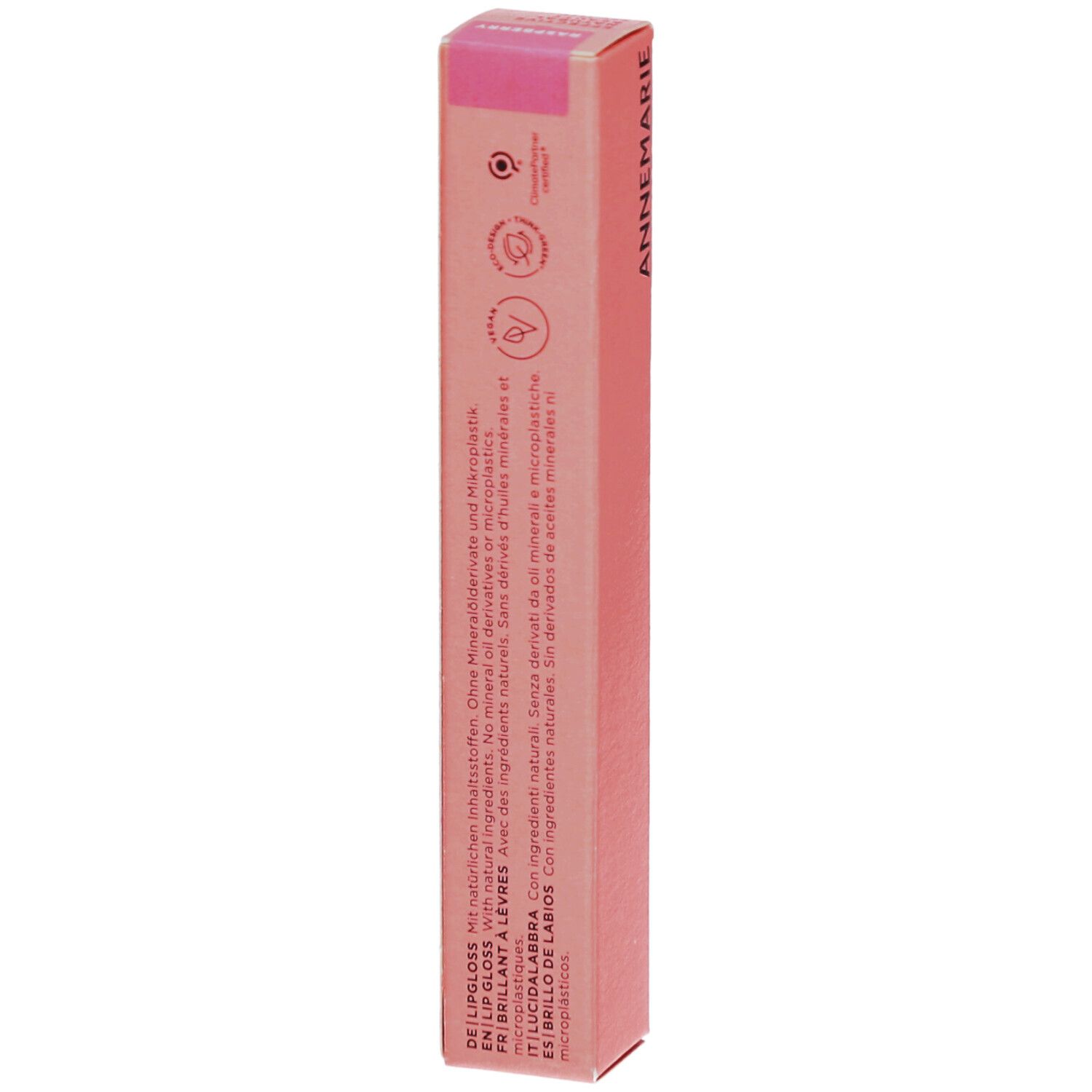 Lipgloss-tube met zwarte dop. Roze glinsterende textuur zichtbaar.