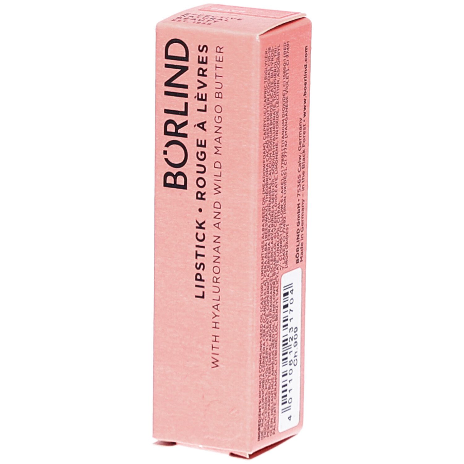 Roze lippenstiftverpakking. Opschrift: BÖRLIND, ROUGE À LÈVRES, met hyaluron en mangoboter. Code en barcode.