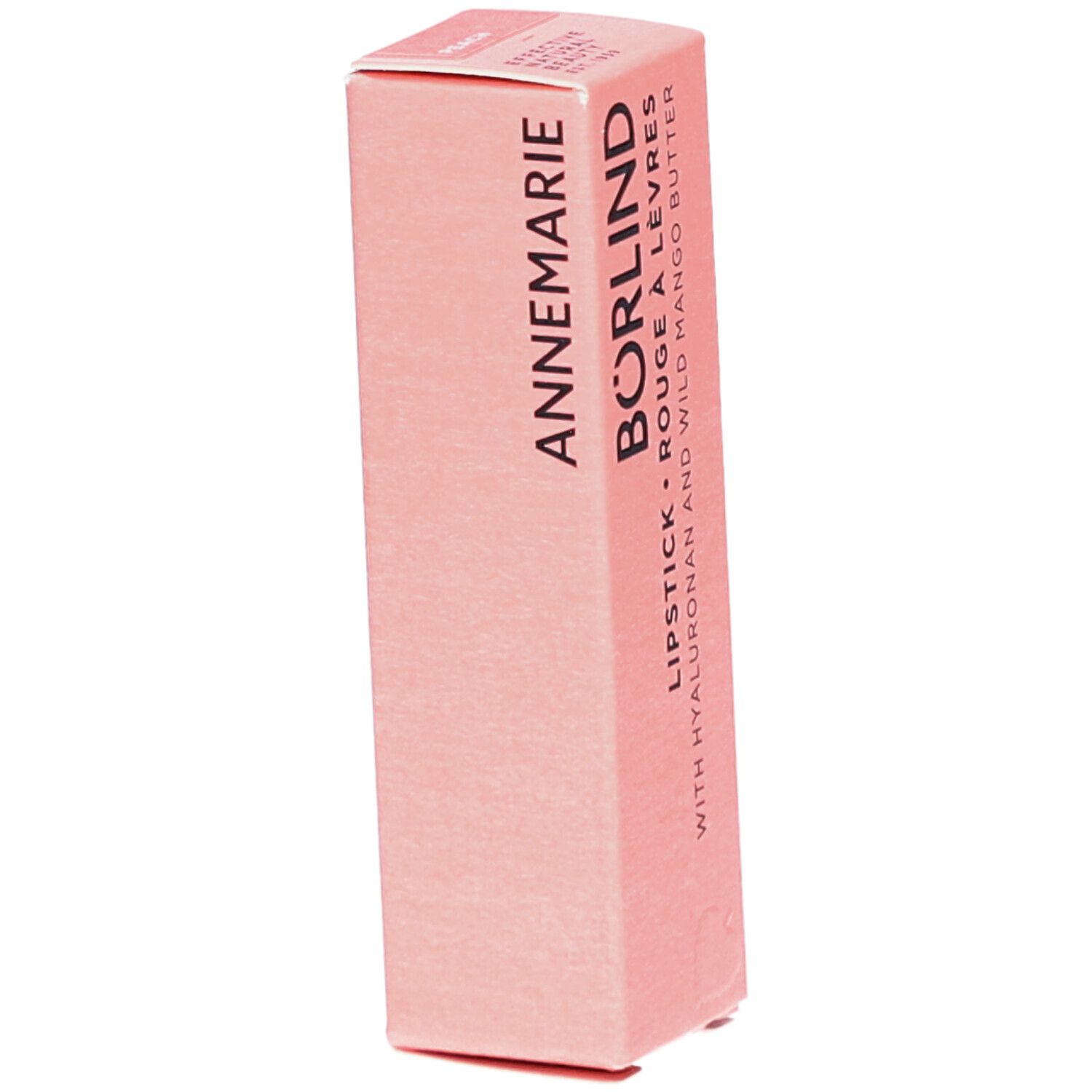 Roze lippenstiftverpakking. Opschrift: ANNEMARIE BÖRLIND, ROUGE À LÈVRES, met hyaluron en mangoboter.
