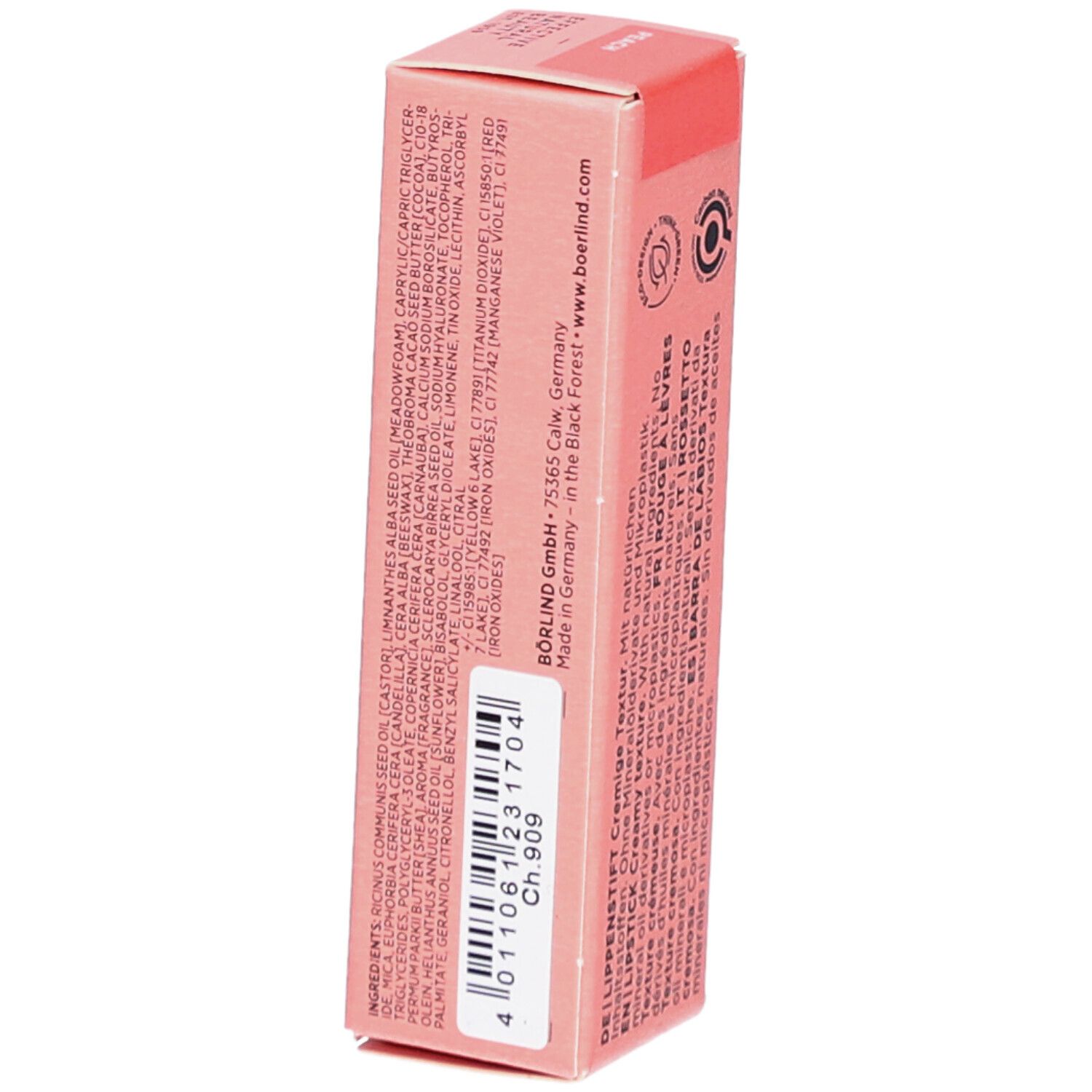Roze lippenstiftverpakking. Ingrediënten en fabrikantinformatie. Barcode en code.