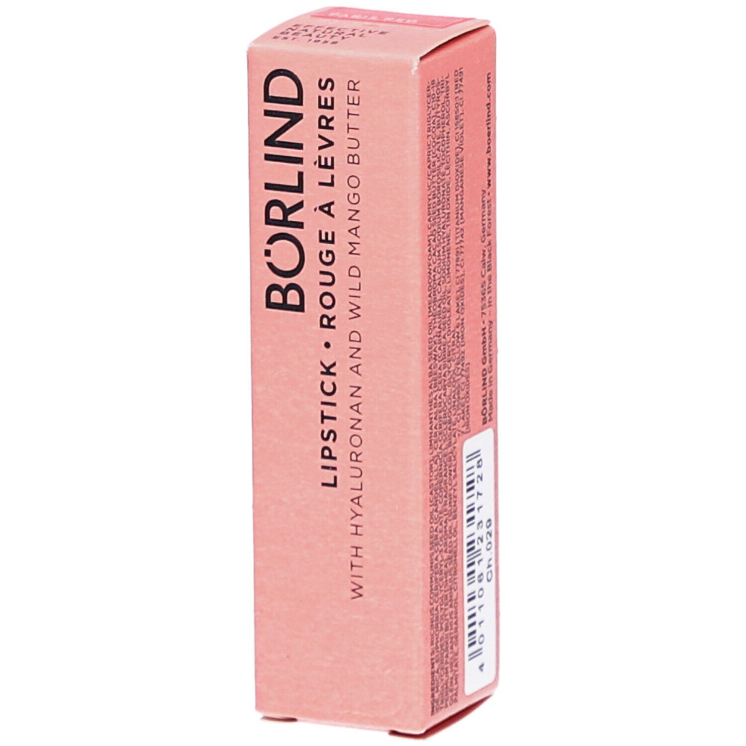 Roze kartonnen verpakking met productinformatie. Opschrift: BÖRLIND, Lipstick Rouge à Lèvres, met Hyaluron en Wilde Mangoboter.