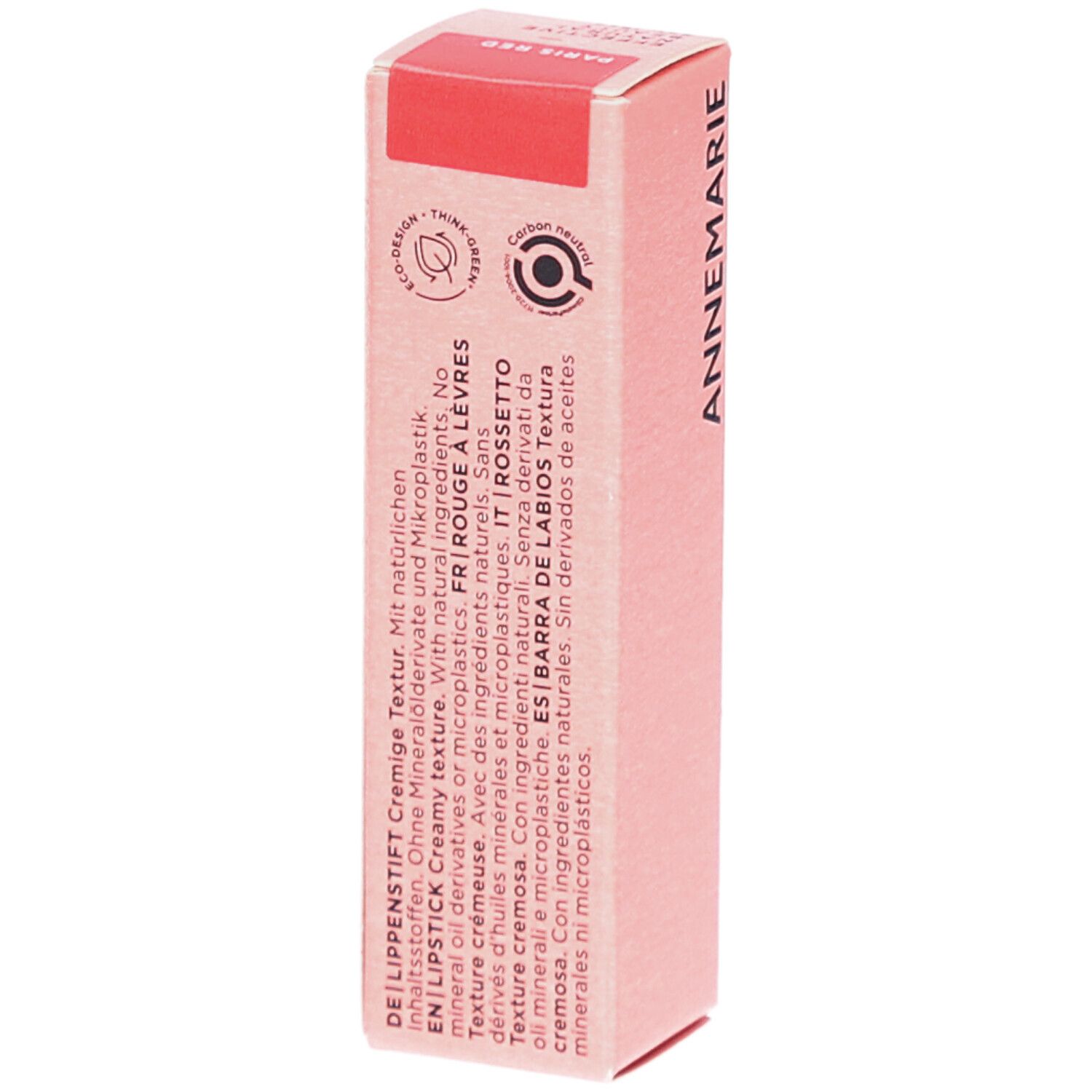 Roze kartonnen verpakking met tekst. Opschrift: ANNEMARIE, DE Lippenstift Cremige Textur. FR Rouge à Lèvres Texture crémeuse. IT Rossetto.
