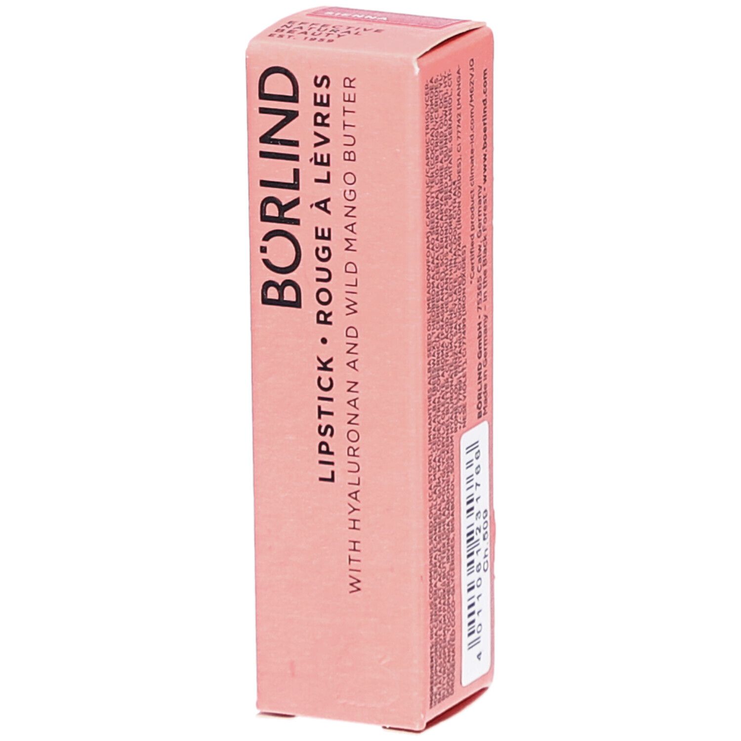 Emballage rose pour rouge à lèvres. Inscription : BÖRLIND, ROUGE À LÈVRES, avec Hyaluron et beurre de mangue sauvage.