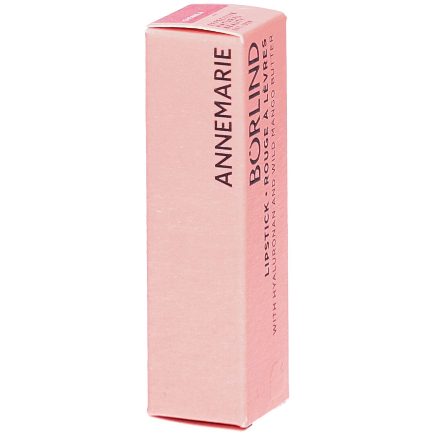 Emballage rose pour rouge à lèvres. Inscription : ANNEMARIE BÖRLIND, ROUGE À LÈVRES, avec Hyaluron et beurre de mangue sauvage.