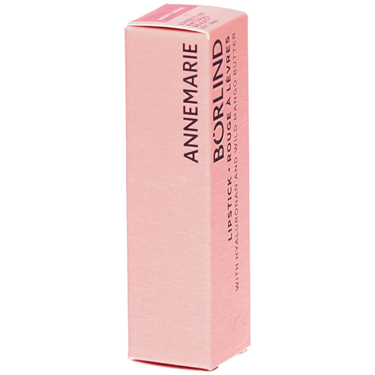 Roze lippenstiftverpakking. Opschrift: ANNEMARIE BÖRLIND, Lippenstift, Rouge à Lèvres, met Hyaluron en Wilde Mangoboter.