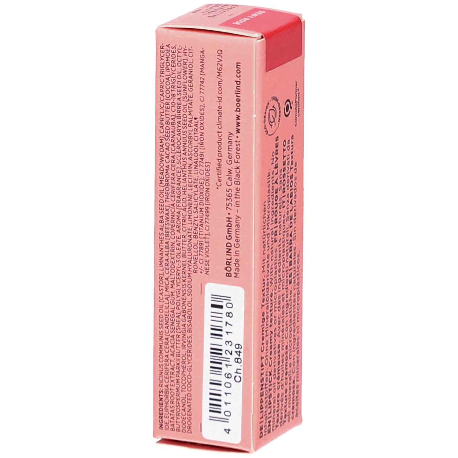 Roze lippenstiftverpakking. Tekst: Ingrediënten. BÖRLIND GmbH, 75365 Calw, Duitsland. Made in Germany. Streepjescode.