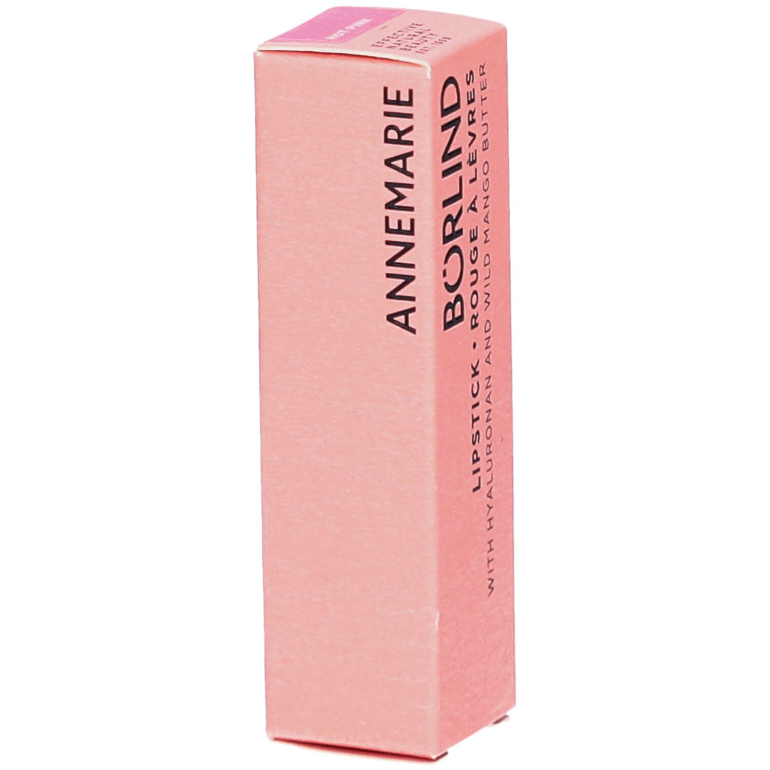 Roze lipstick verpakking. Opschrift: ANNEMARIE BÖRLIND LIPSTICK ROUGE À LÈVRES, Hyaluron en wilde mangoboter. Merk zichtbaar.