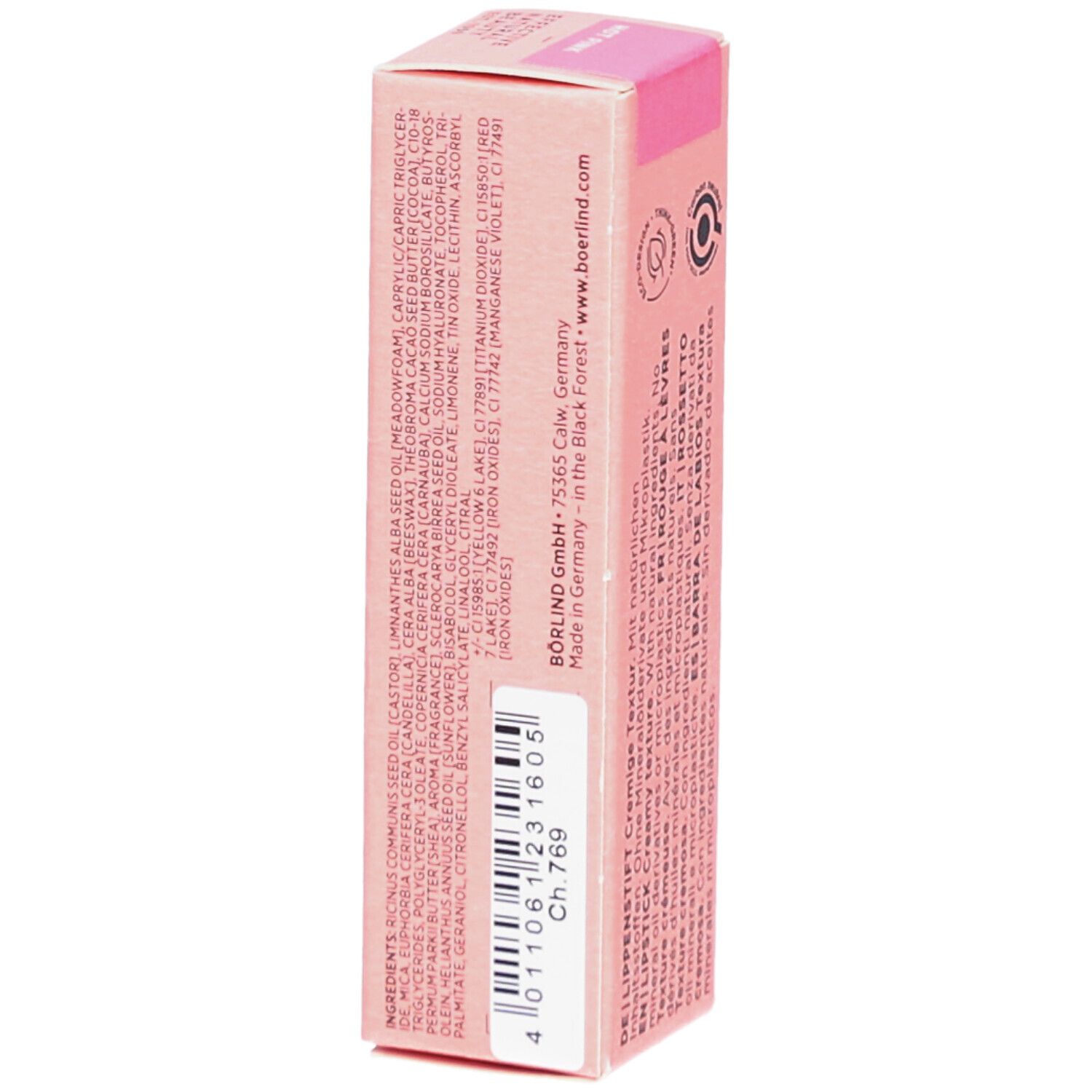Roze lipstick verpakking. Tekst: Ingrediënten, Made in Germany. Barcode en lotnummer. Merk BÖRLIND zichtbaar.