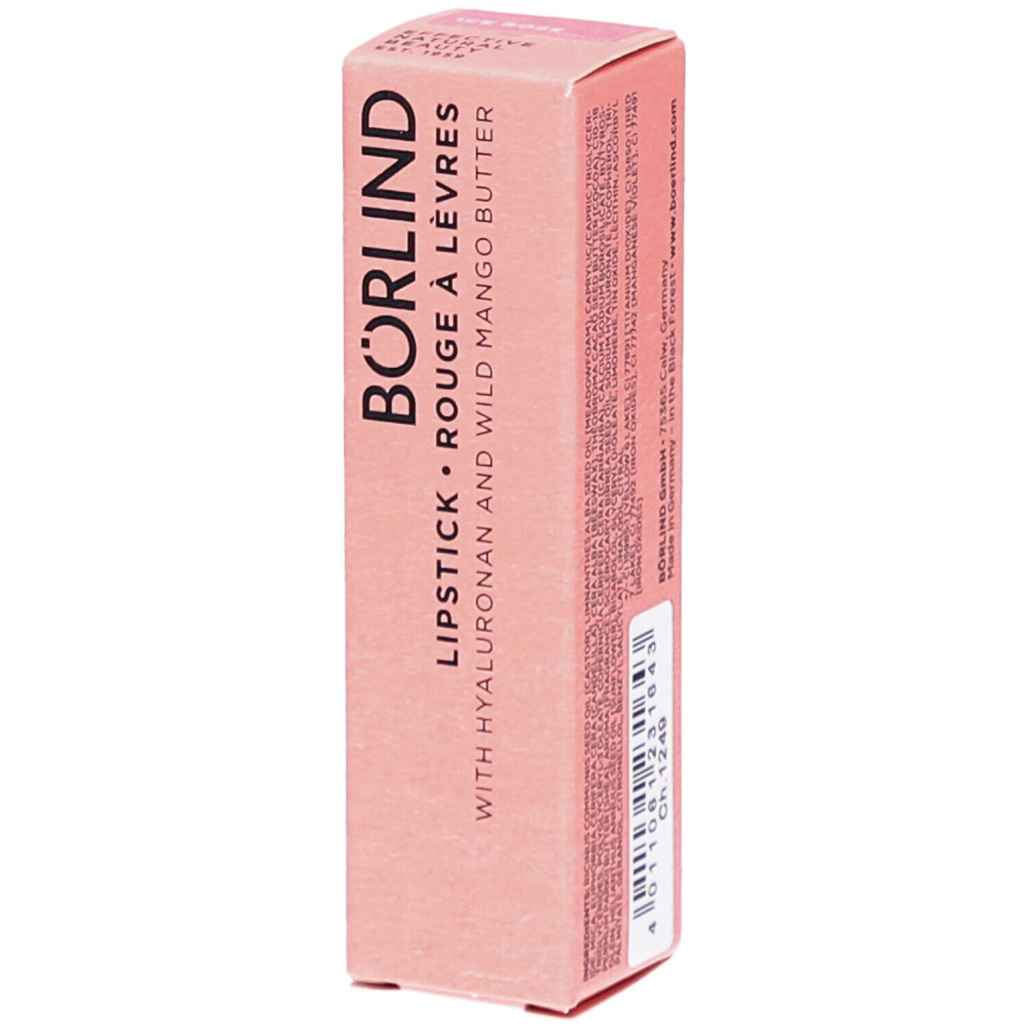 Emballage de rouge à lèvres rose. Inscription : BÖRLIND, ROUGE À LÈVRES, avec Hyaluron et beurre de mangue sauvage. Ingrédients imprimés.