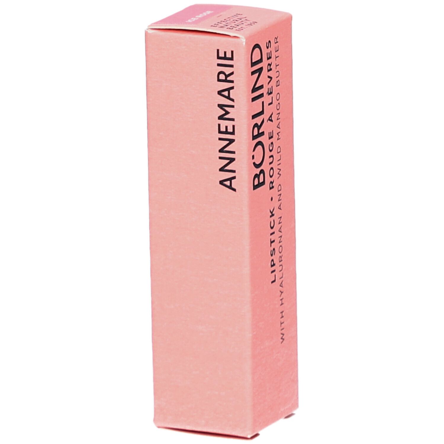 Emballage de rouge à lèvres rose. Inscription : ANNEMARIE BÖRLIND, ROUGE À LÈVRES, avec Hyaluron et beurre de mangue sauvage.