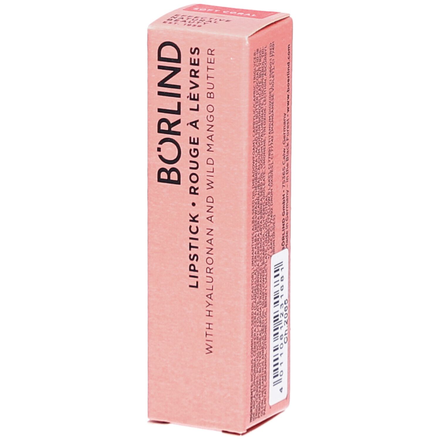 BÖRLIND lippenstiftverpakking. Roze doos met productinformatie. Opschrift: LIPSTICK ROUGE À LÈVRES.