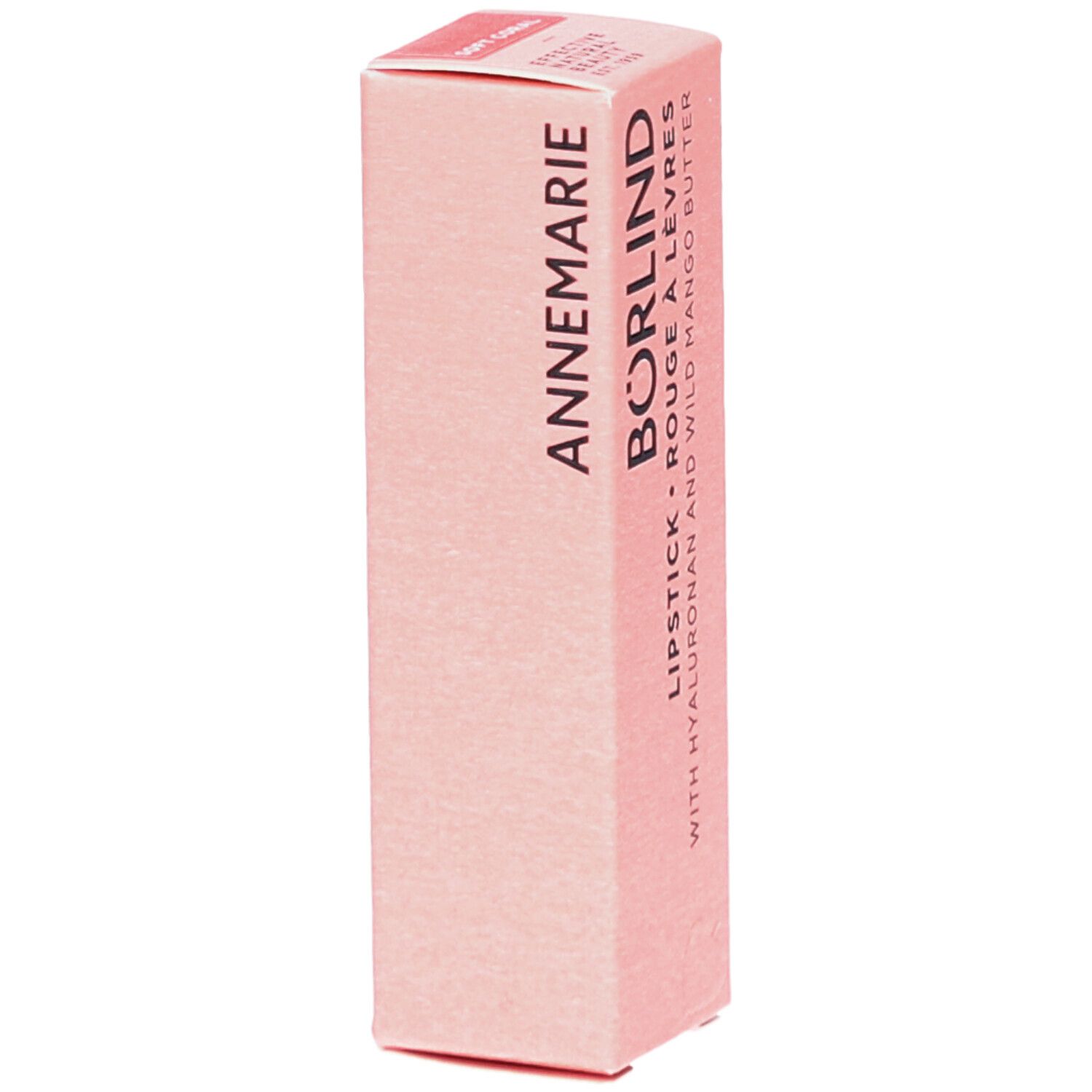 BÖRLIND lippenstiftverpakking. Roze doos met productinformatie. Opschrift: ANNEMARIE BÖRLIND.